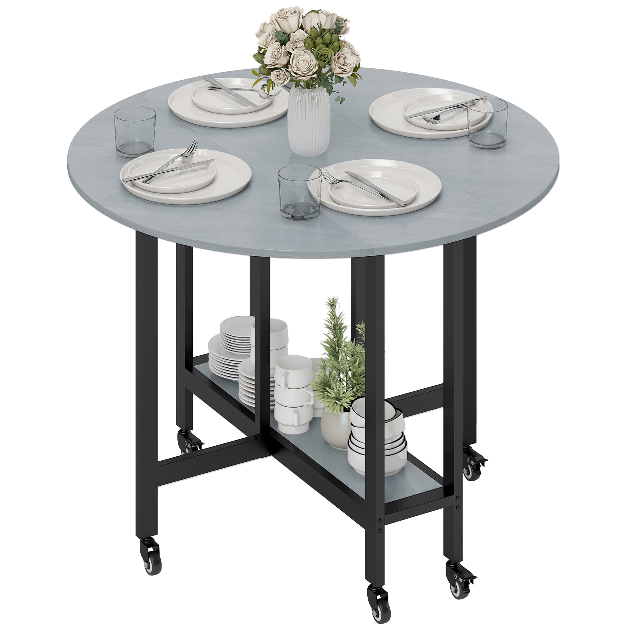 HOMCOM Table de salle à manger pliante avec roulettes et étagère ouverte Table de cuisine pour petits espaces Gris ciment