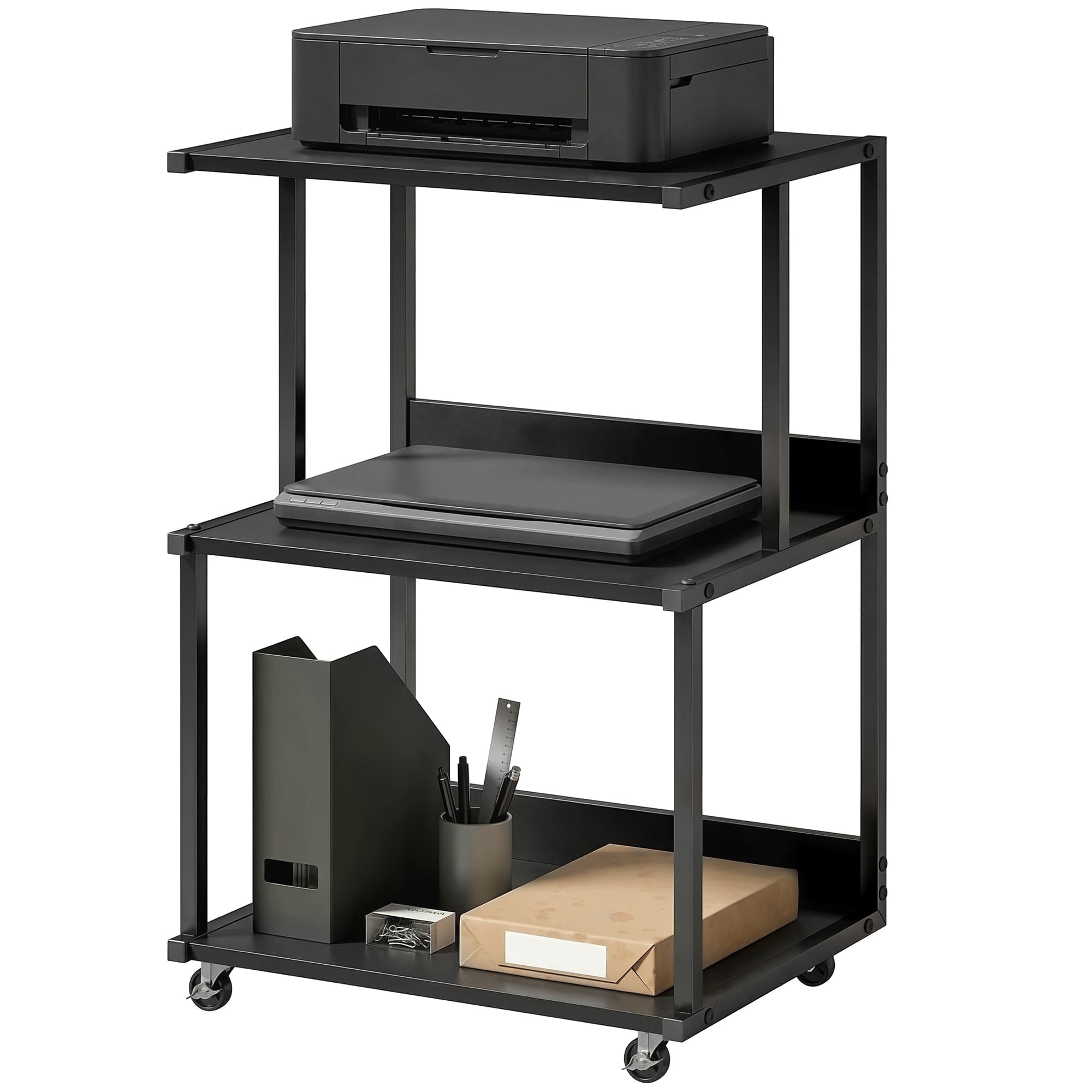HOMCOM support imprimante 3 niveaux avec roulettes, table industrielle métal bureau, noir.