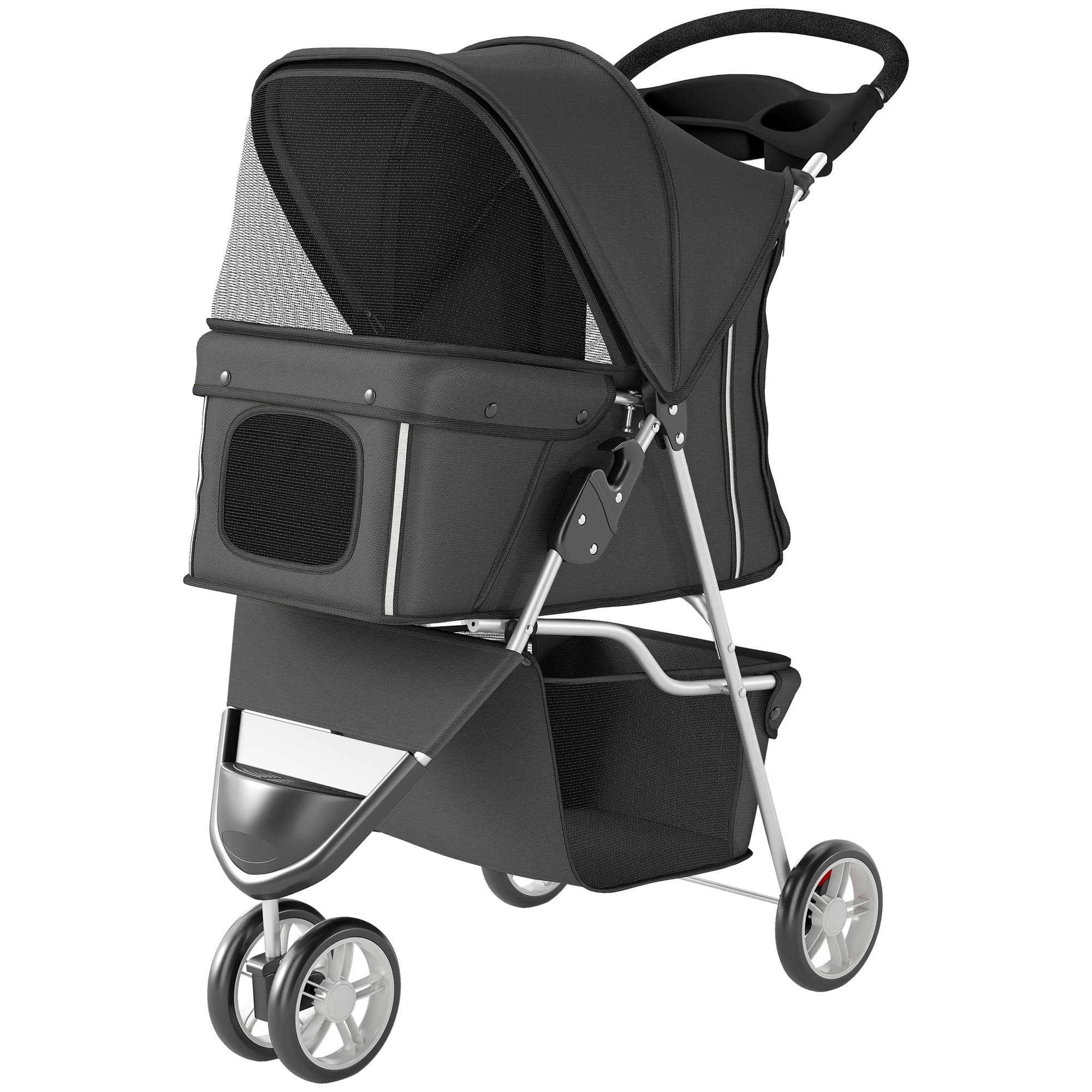 PawHut Poussette pliable avec toit réglable, panier de rangement, pour petits chiens jusqu'à 10 kg, 77 x 44 x 102 cm Gris foncé
