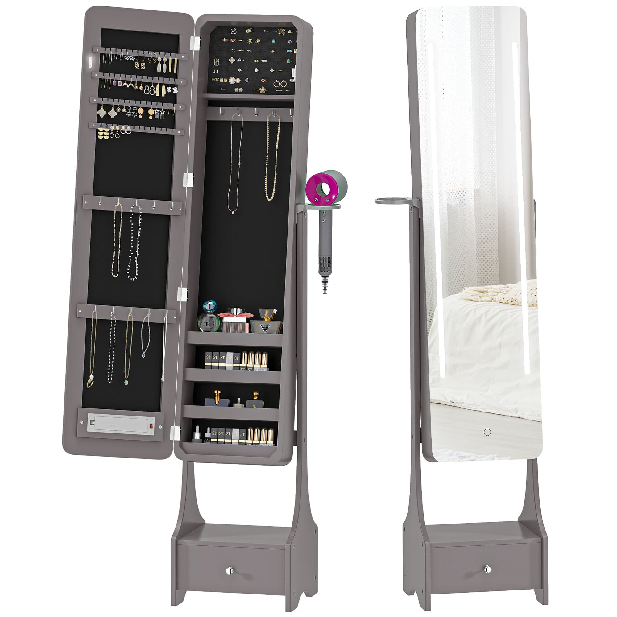 HOMCOM Miroir à bijoux avec LED Armoire à bijoux avec miroir pleine longueur angle réglable tiroir extinction automatique Gris