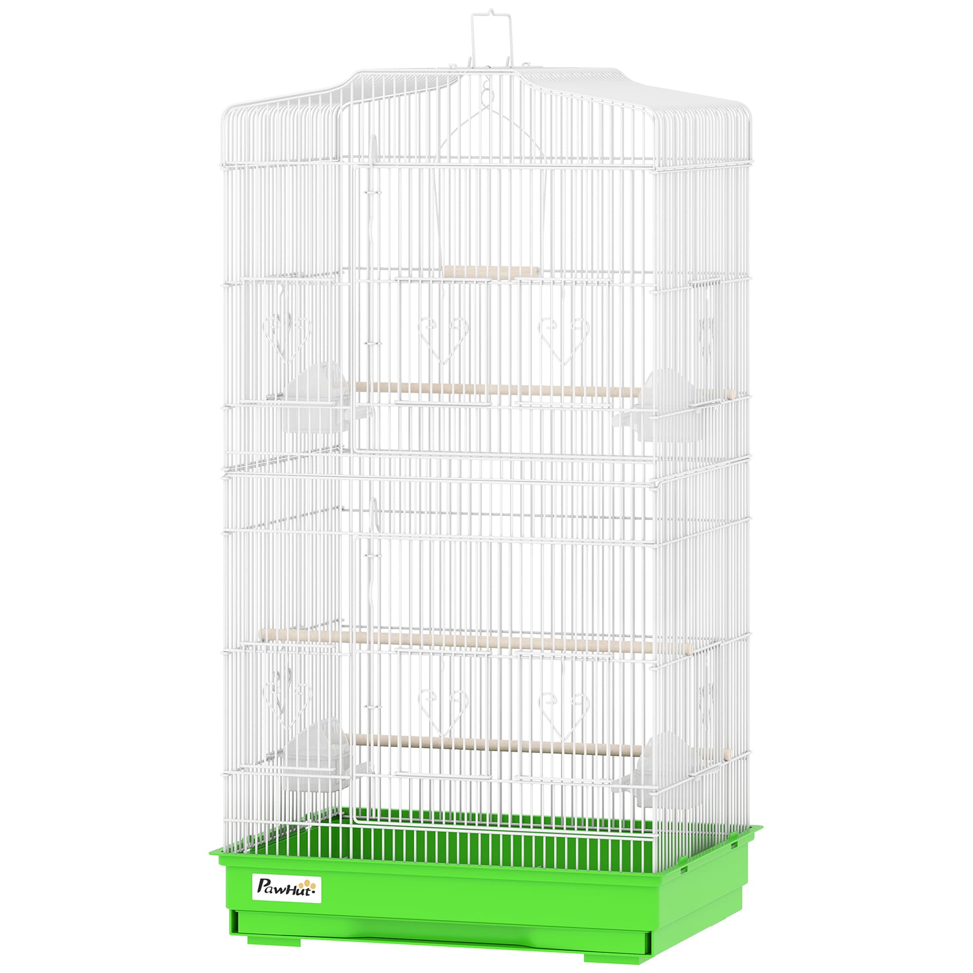PawHut Cage pour Oiseaux Volière Métallique avec 4 Mangeoires, 3 Perchoirs, Balançoire et Tiroir Amovible, Poignée, 46,5x35,5x92 cm, Vert