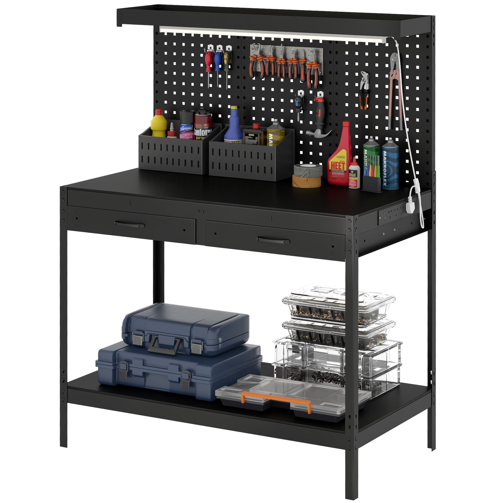 HOMCOM Établi 110 cm avec panneau perforé, établi robuste avec multiprise et éclairage LED, noir