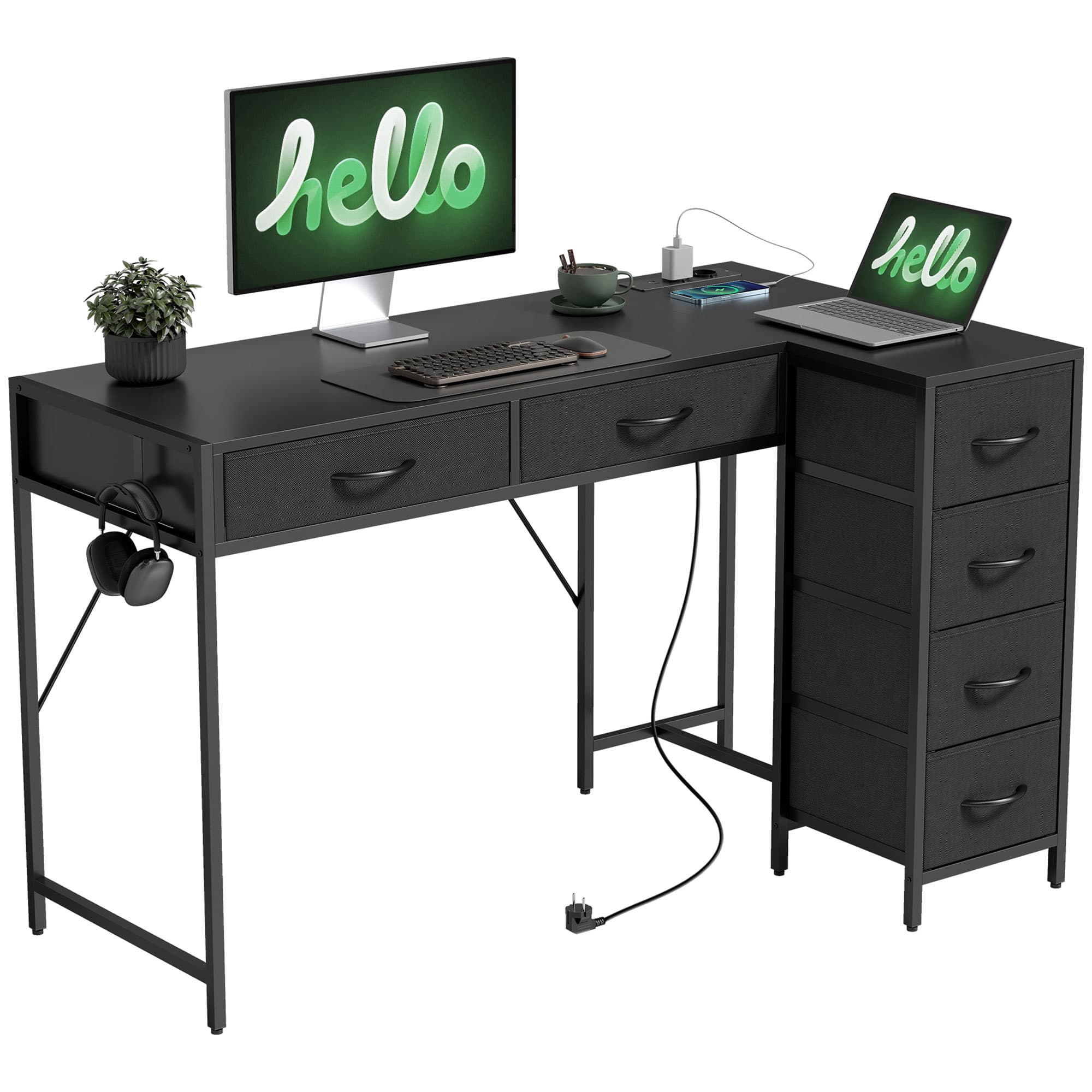HOMCOM Bureau d'angle à 6 tiroirs avec crochet latéral et prises intégrées, en bois et acier, 126x48x80 cm, Noir