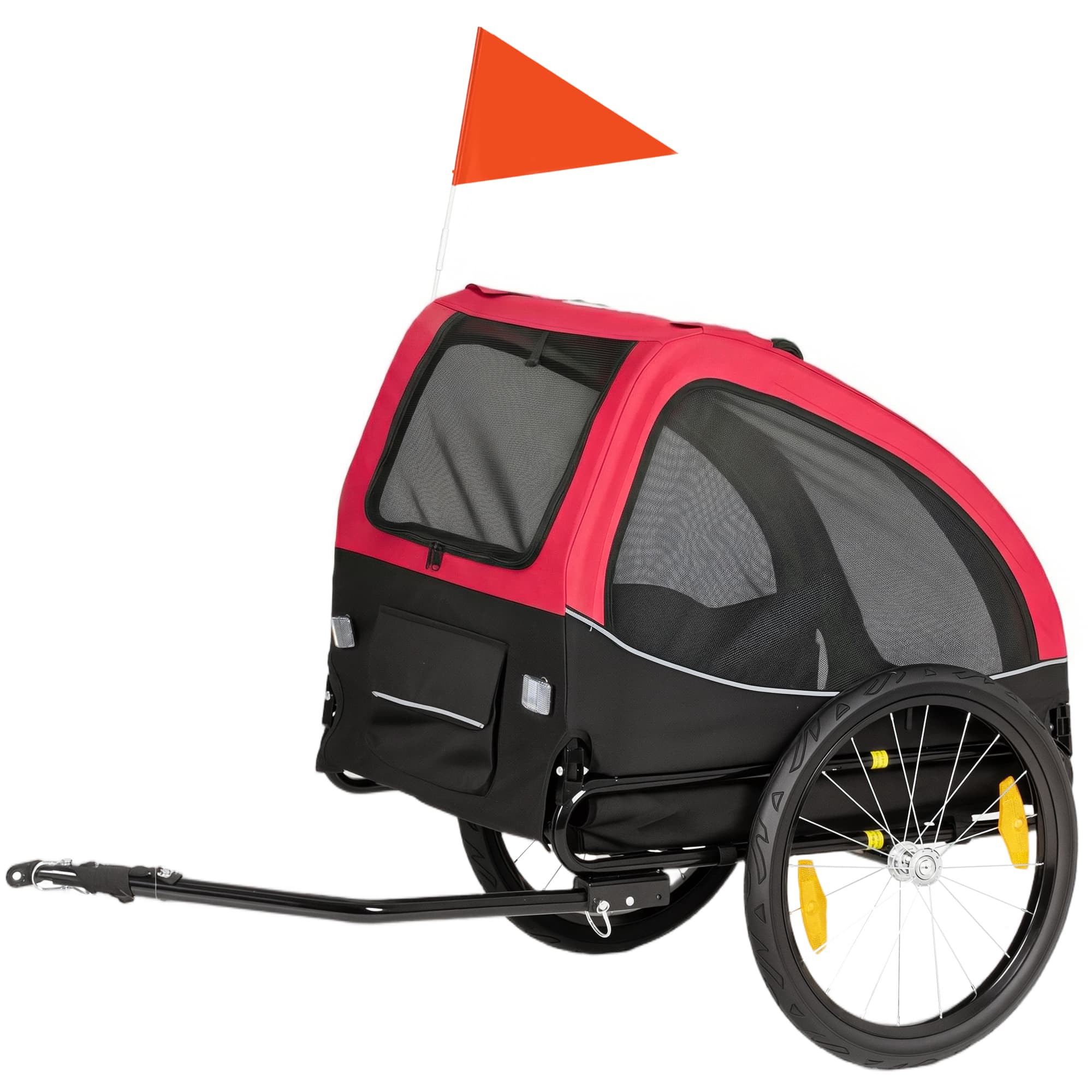 PawHut Remorque pliable pour chiens avec réflecteurs fenêtres en mesh roues porte drapeau de sécurité pour chiens jusqu'à 20 kg 138x70x89 cm Rouge