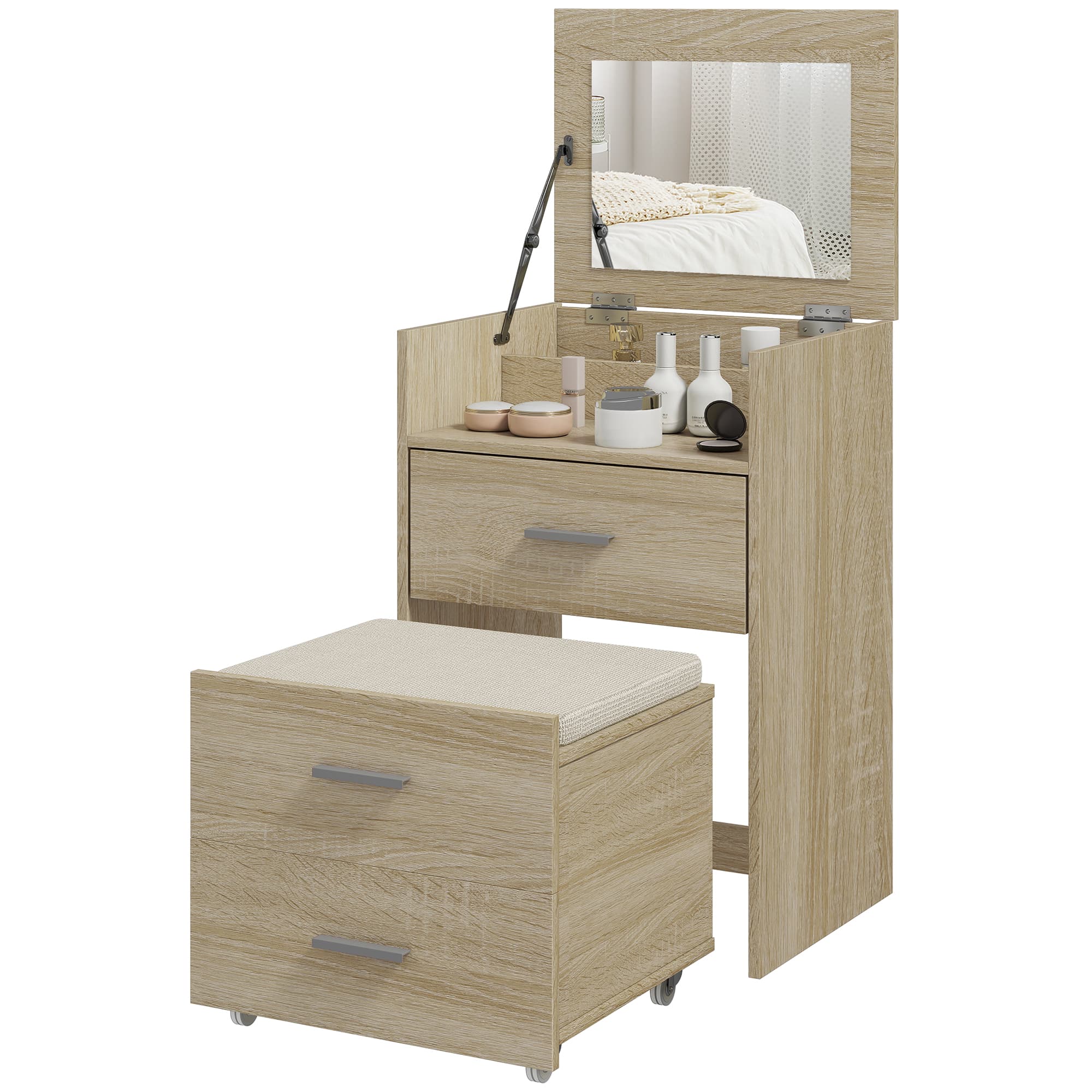 HOMCOM Poste de maquillage Coiffeuse avec miroir rabattable, naturel