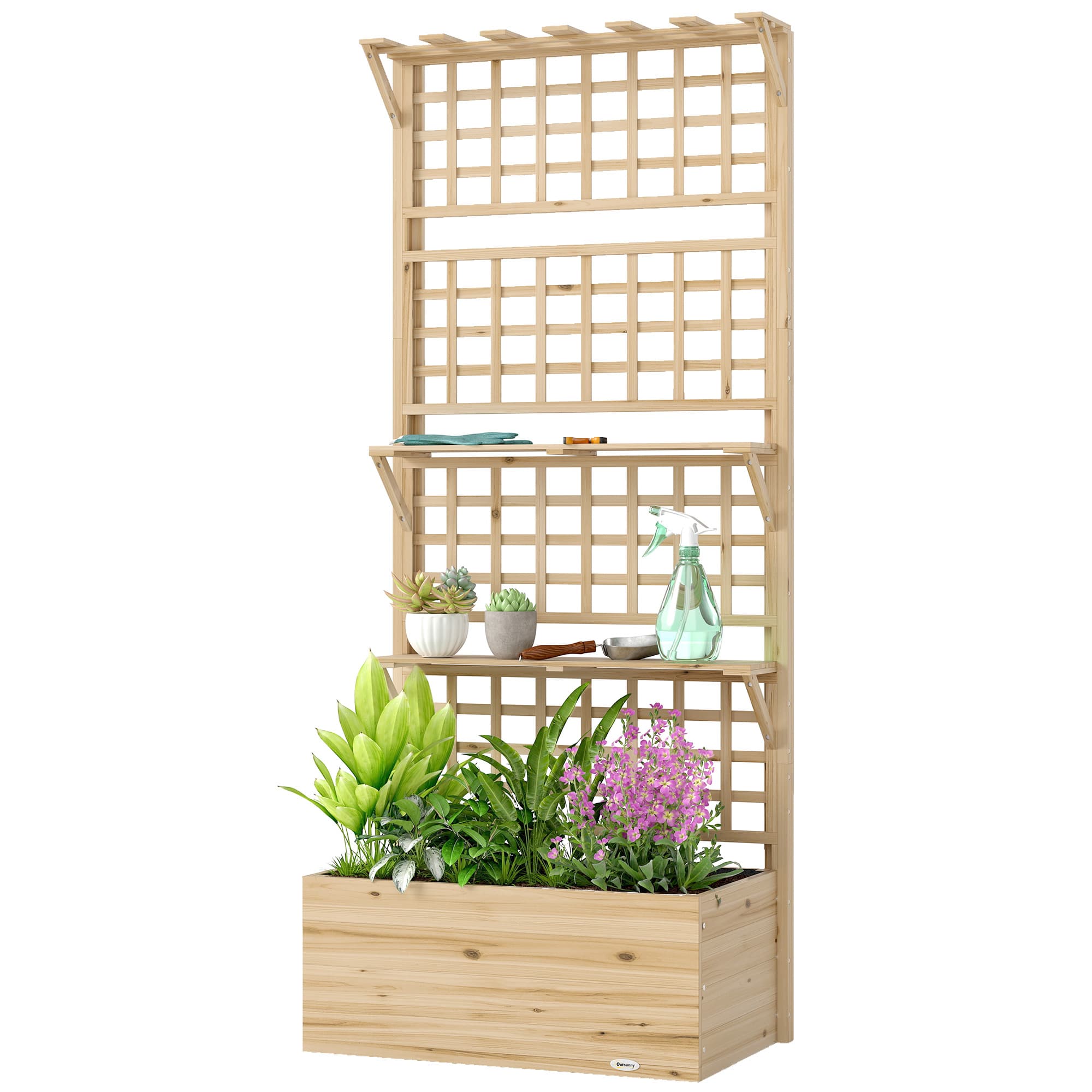 Outsunny Jardinière avec treillis et toit en bois pour plantes grimpantes avec 2 étagères, drainage et doublure 76x43,5x177 cm naturel