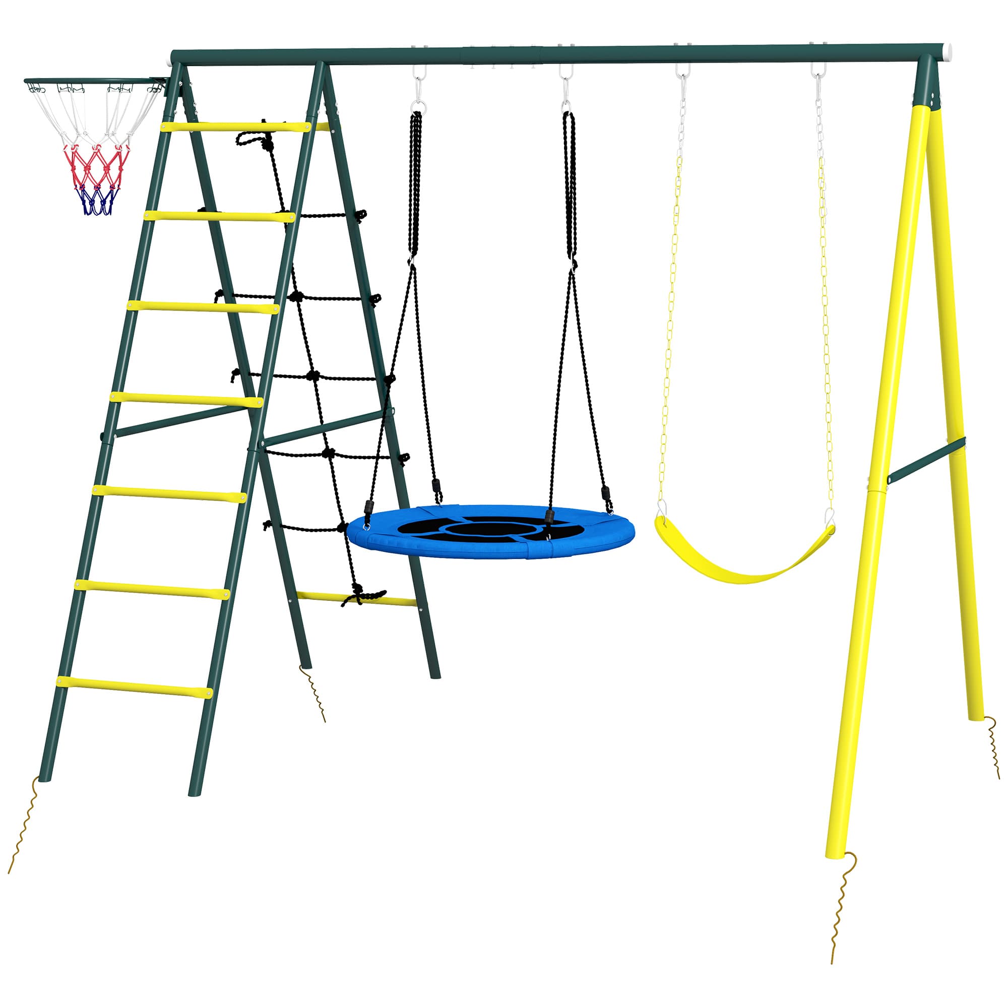 Outsunny Balançoire enfant 4 en 1 avec balançoire-nid et individuelle filet d'escalade panier de basket échelle jaune