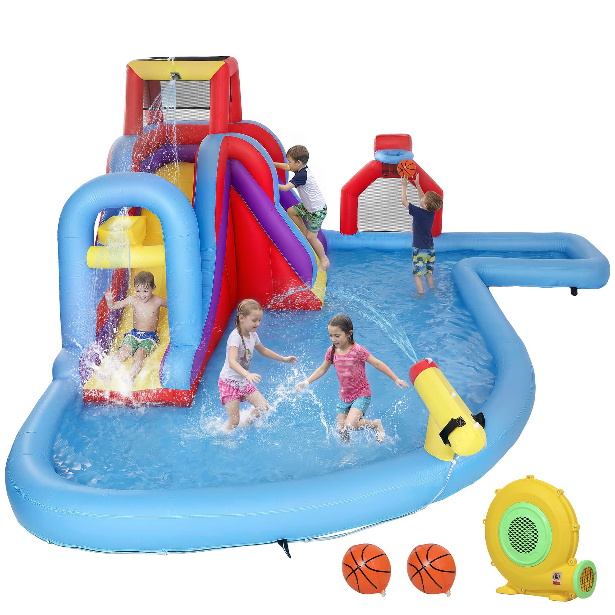 AIYAPLAY Château Gonflable Aquatique avec Souffleur 550W Toboggan Mur d'Escalade Piscine Panier de Basket But de Football