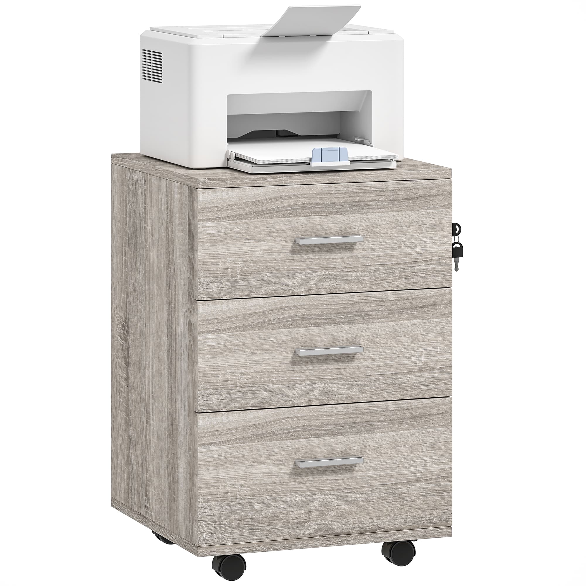 Vinsetto Caisson de Bureau avec 3 Tiroirs Roulettes Serrure 2 Clés Meuble Classeur Mobile pour Bureau Salon 40x40x61,5 cm Gris