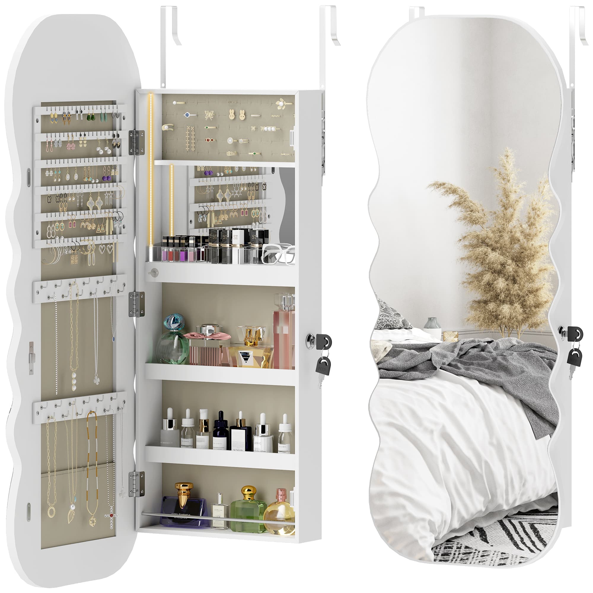 HOMCOM Miroir-coffre à bijoux avec lumière LED monté au mur ou sur la porte avec serrure miroir en pied blanc