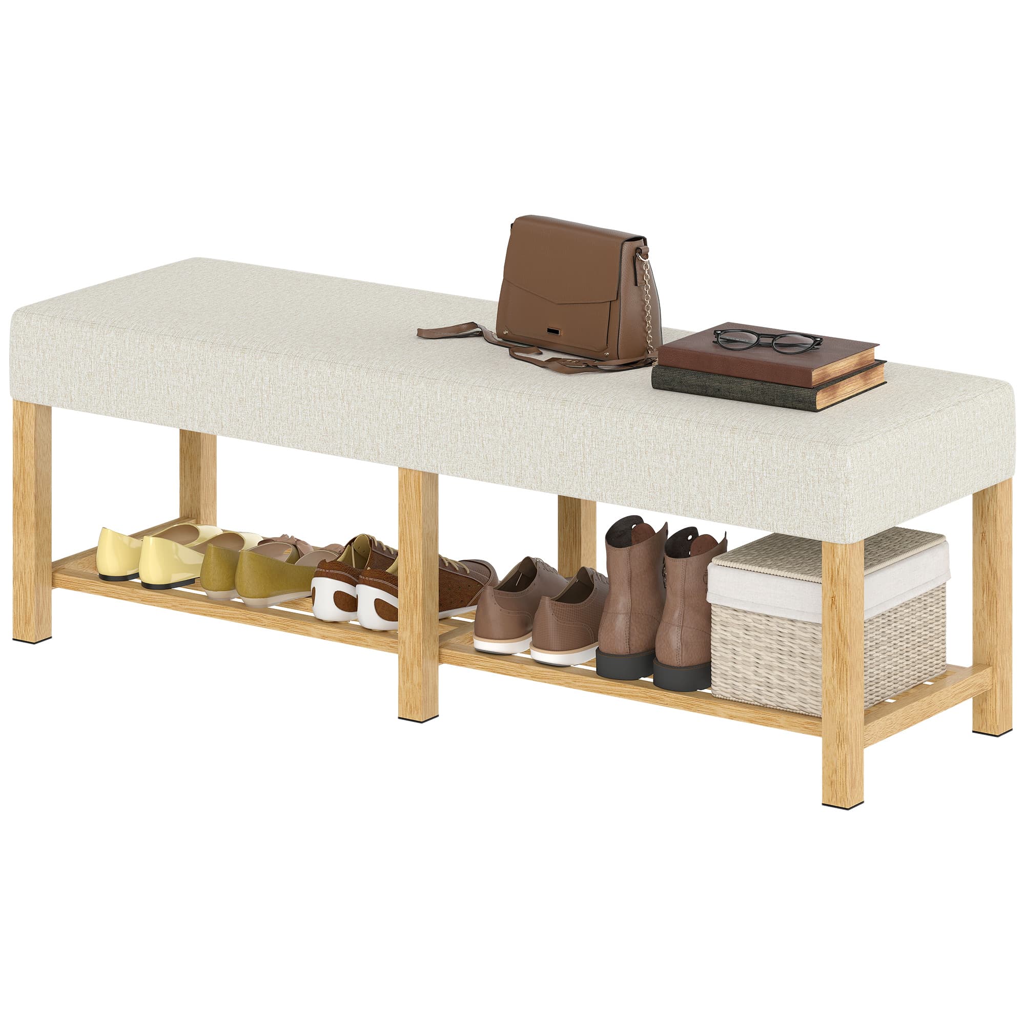 HOMCOM Banc à chaussures 140 cm en bois massif, banc d'entrée moderne avec assise rembourrée pour deux personnes, bois naturel et blanc crème