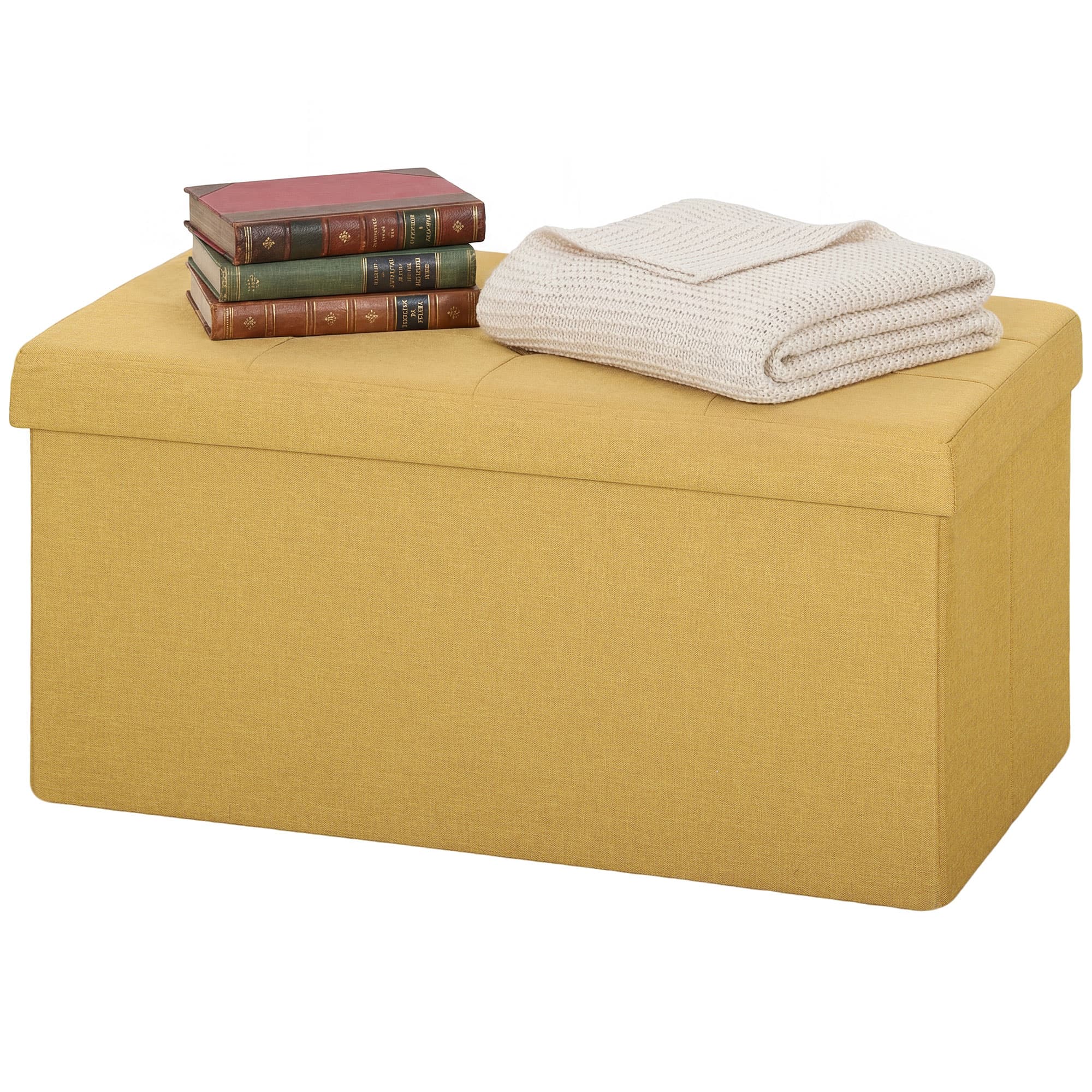 HOMCOM Pouf de Rangement, Banc de Rangement Pliable 84 L 76x38x38 cm Revêtu en Lin Synthétique Jaune