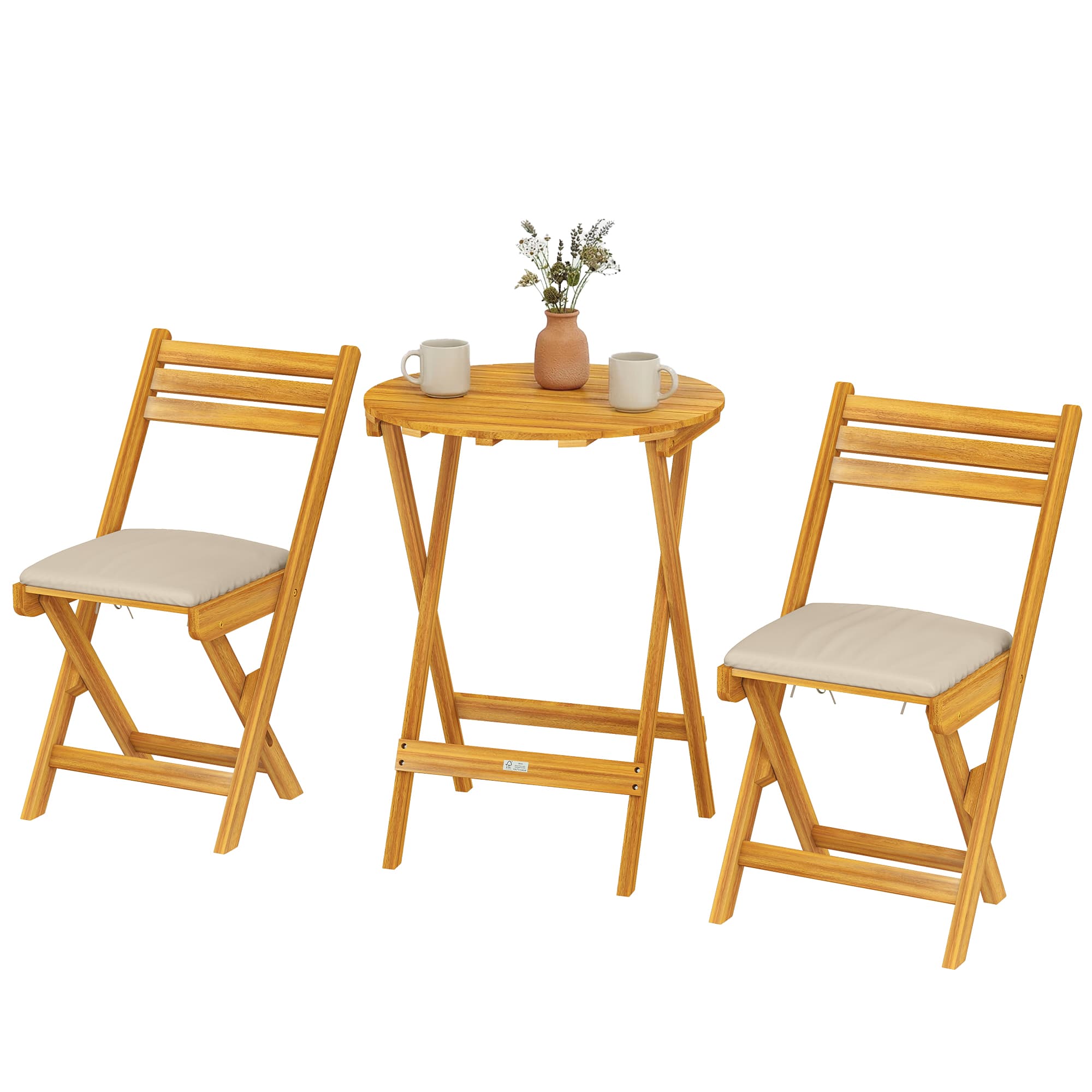 Outsunny Ensemble mobilier balcon 3 pièces bois FSC pliable set de jardin avec table ronde 2 chaises coussins respirants assise lamellée