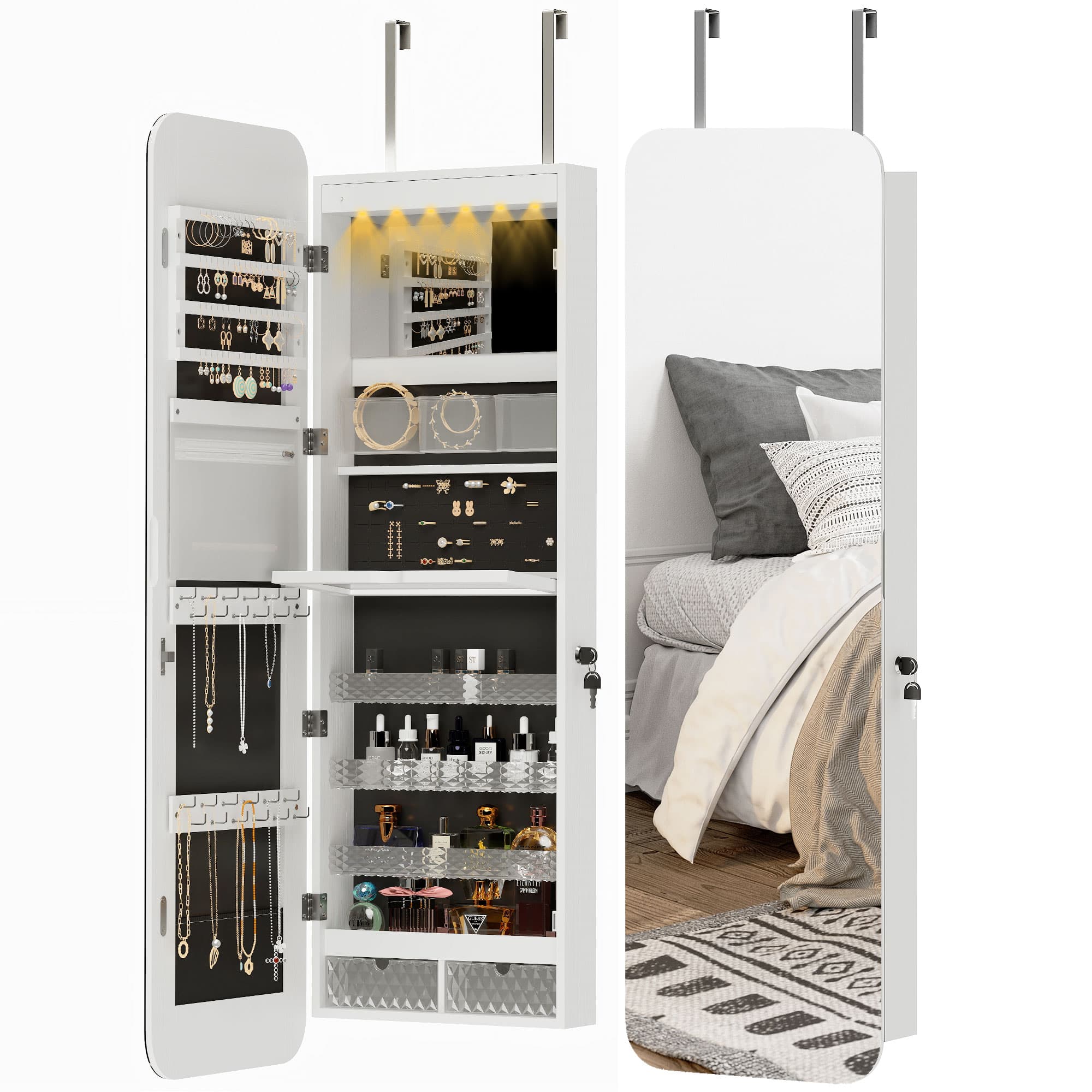 HOMCOM Miroir-Armoire à Bijoux Mural et pour Porte avec Miroir Intérieur Éclairé et Serrure, 37x10x120 cm