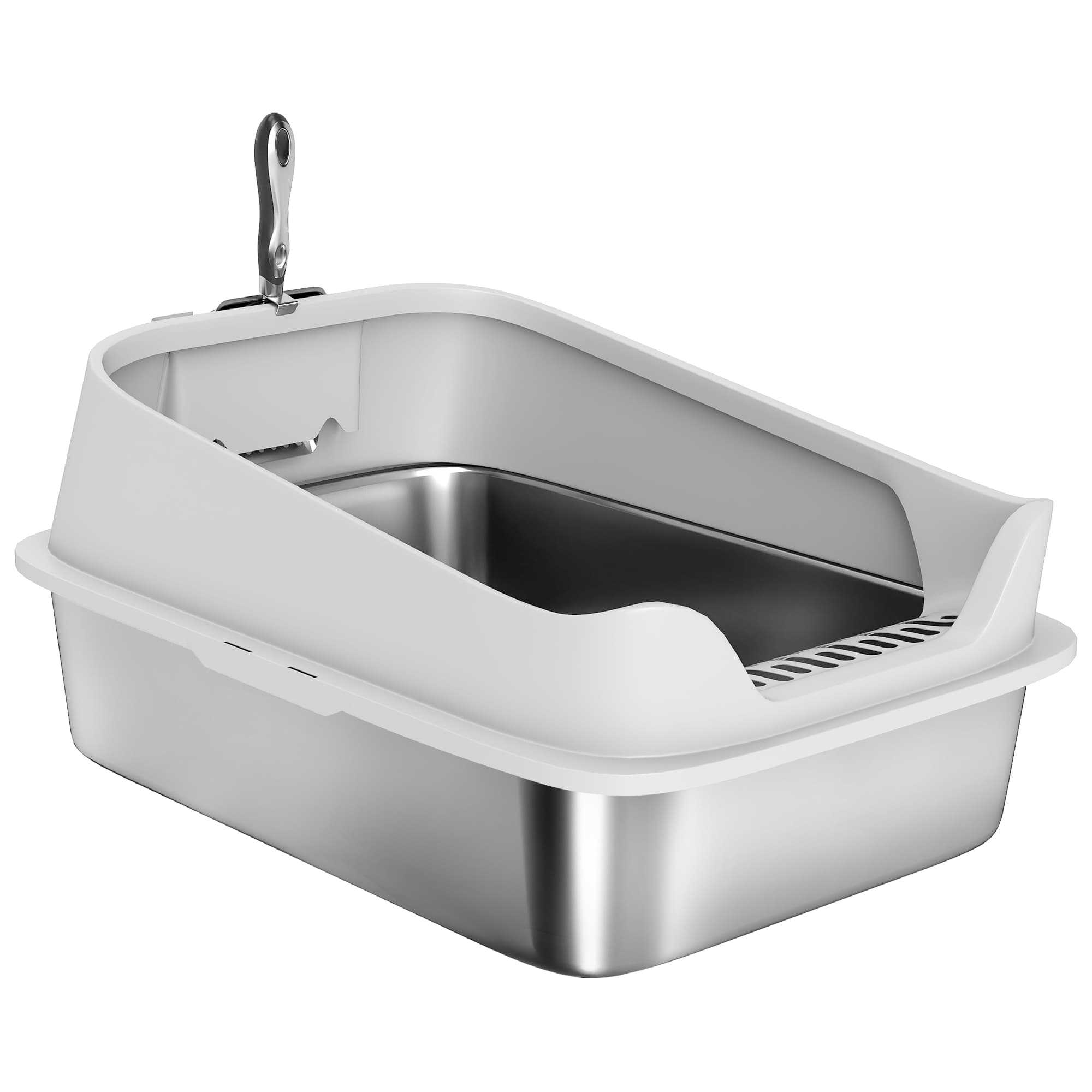 PawHut Bac à litière en acier inoxydable ouvert avec pelle, bord haut pour grands chats jusqu'à 7 kg, 60,2 x 40,2 x 29,7 cm, Gris