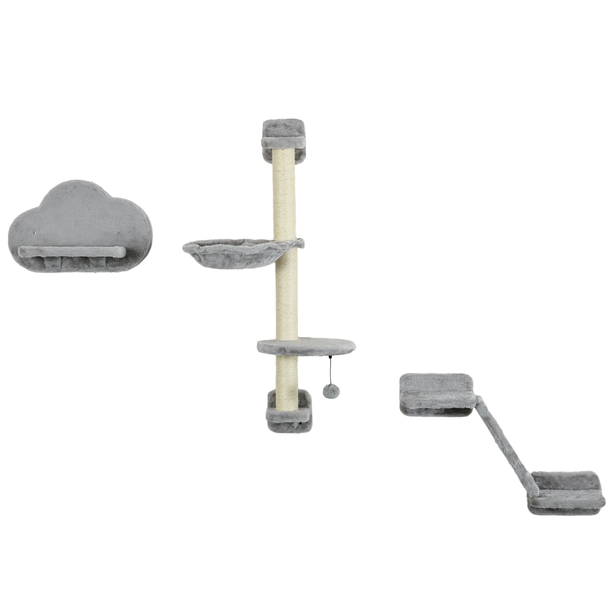 PawHut Ensemble d'escalade mural pour chats 3 pièces avec hamac rampe avec griffoir plateforme en forme de nuage gris