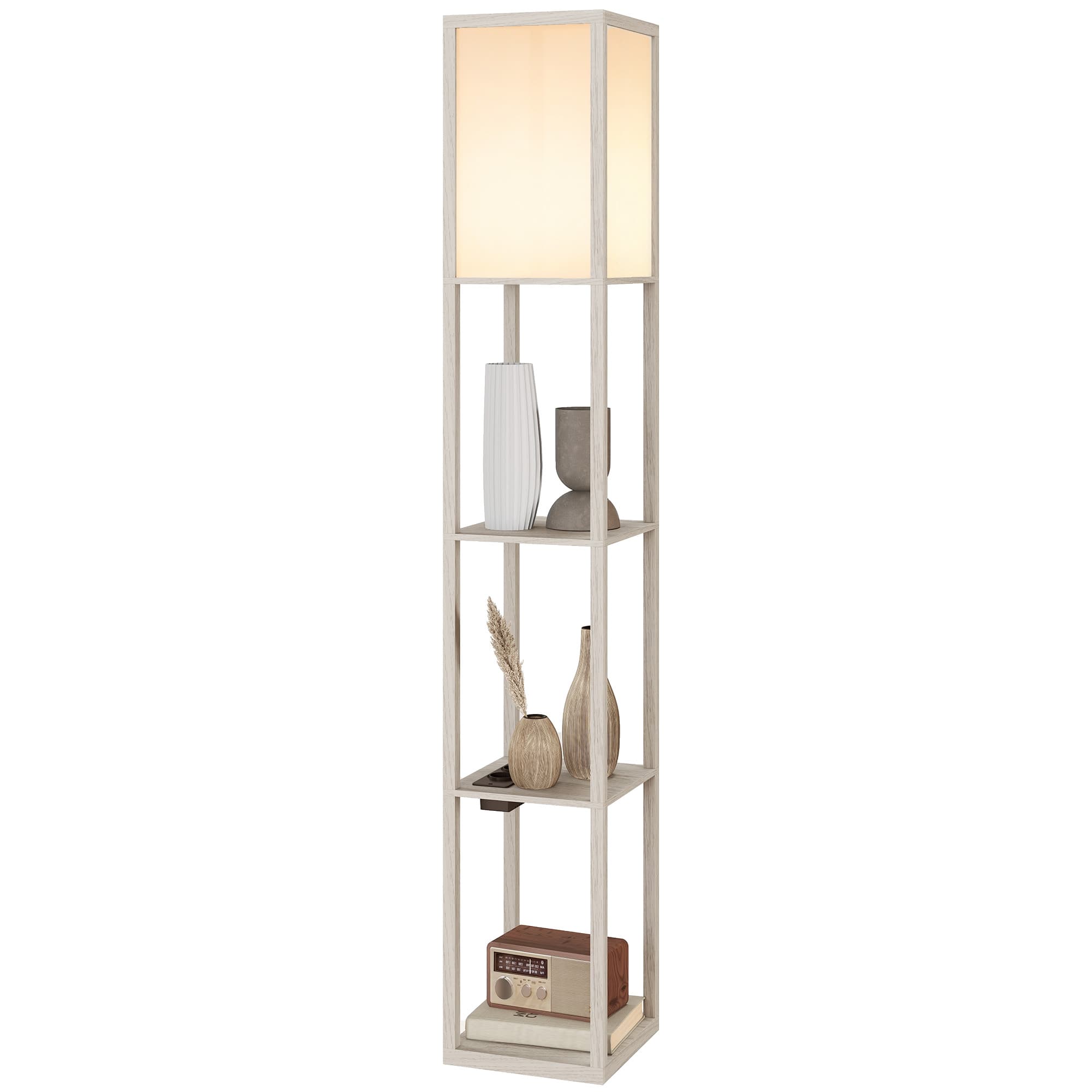 HOMCOM Lampe sur pied avec étagères, lumière réglable, interrupteur-pédale et ports USB, Blanc et Chêne