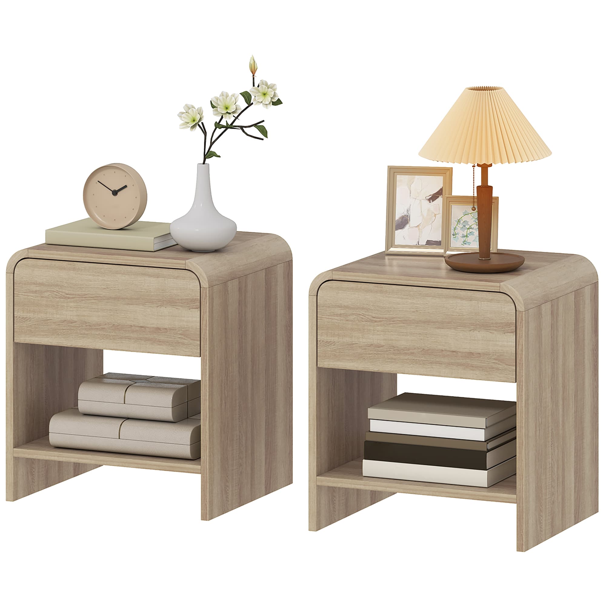 HOMCOM Jeu de 2 tables de chevet nordiques avec bords arrondis, tiroir et étagère ouverte 40x35x45 cm naturel