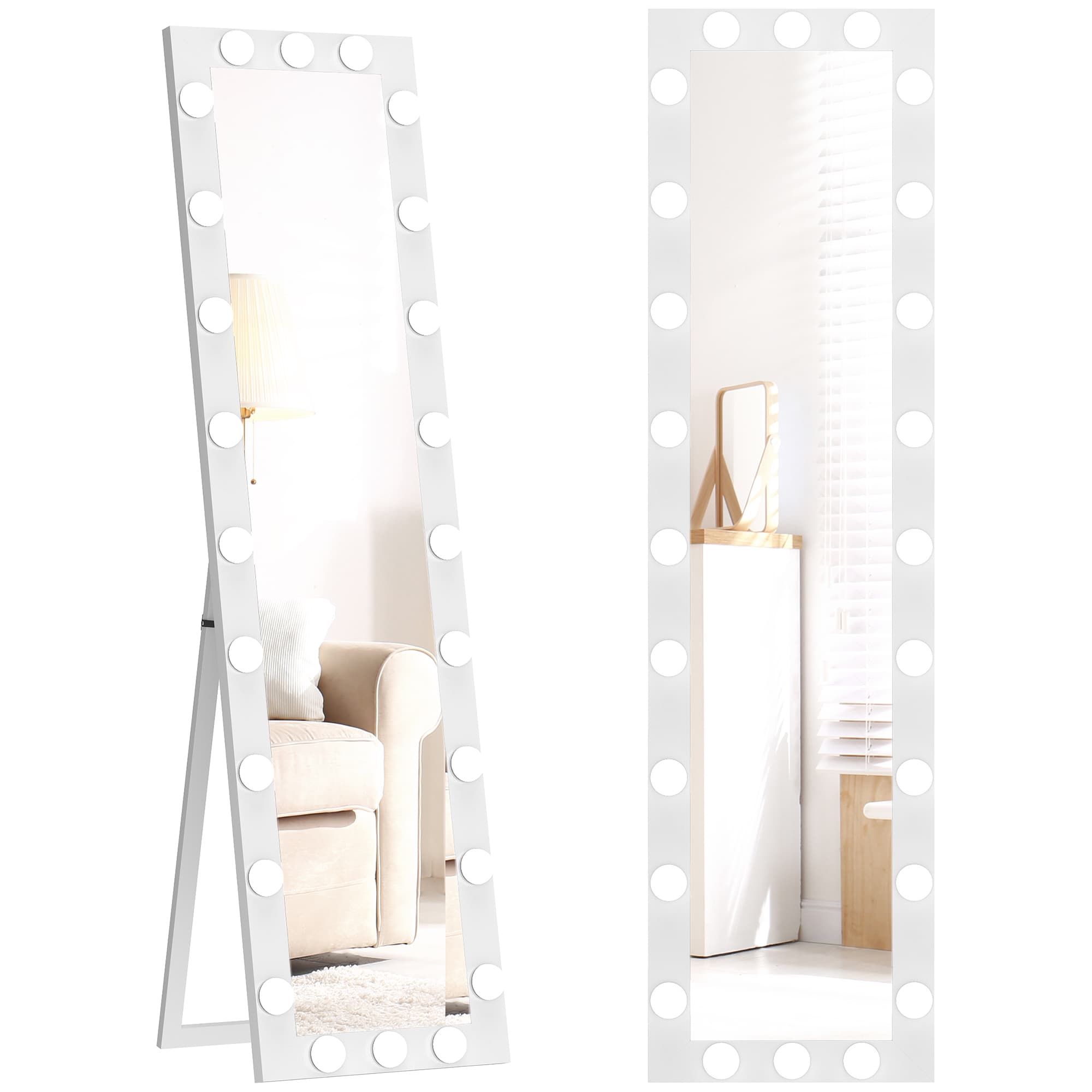 HOMCOM Miroir pleine longueur 150x40 cm Miroir LED avec 24 ampoules, 3 couleurs d'éclairage, autoportant ou appuyable Blanc