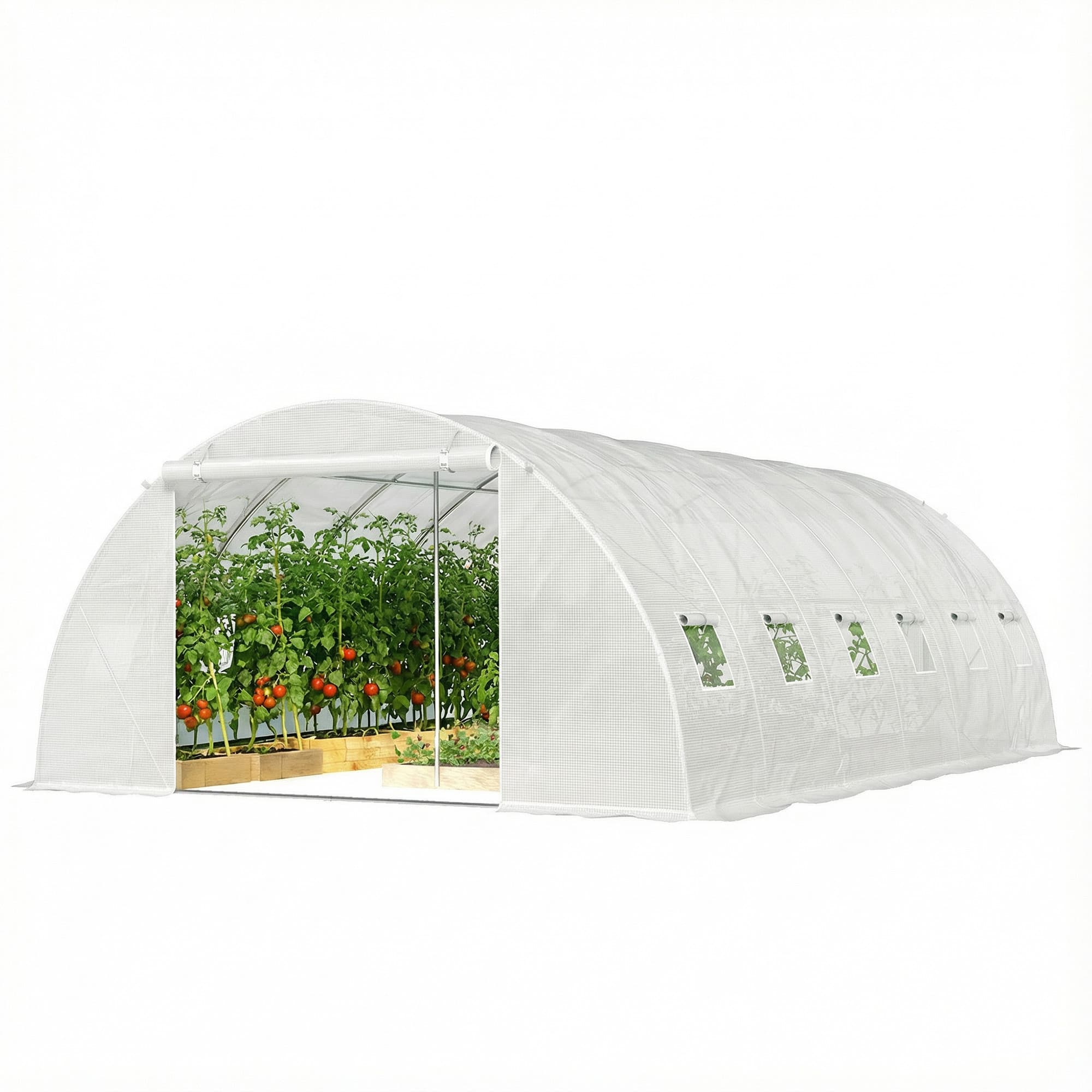 Outsunny Serre tunnel avec 2 barres de support 2 portes enroulables et fenêtres en maille couverture en PE anti-UV blanc