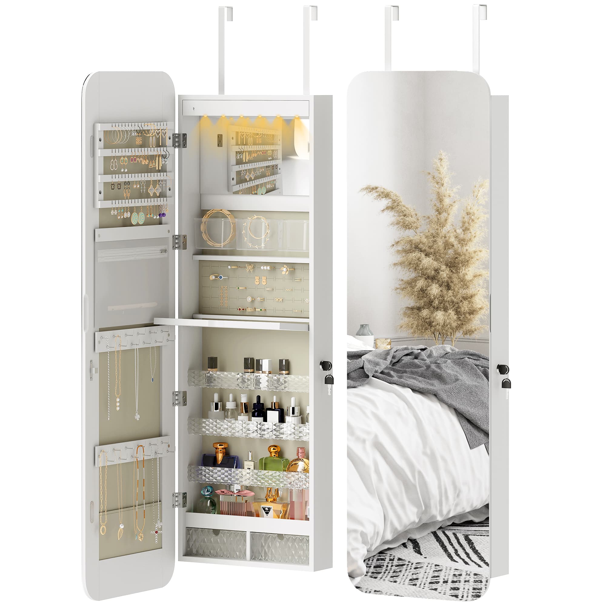 HOMCOM Miroir-joaillier avec lumière LED monté au mur ou sur la porte avec serrure Miroir plein pied 2 tiroirs Blanc