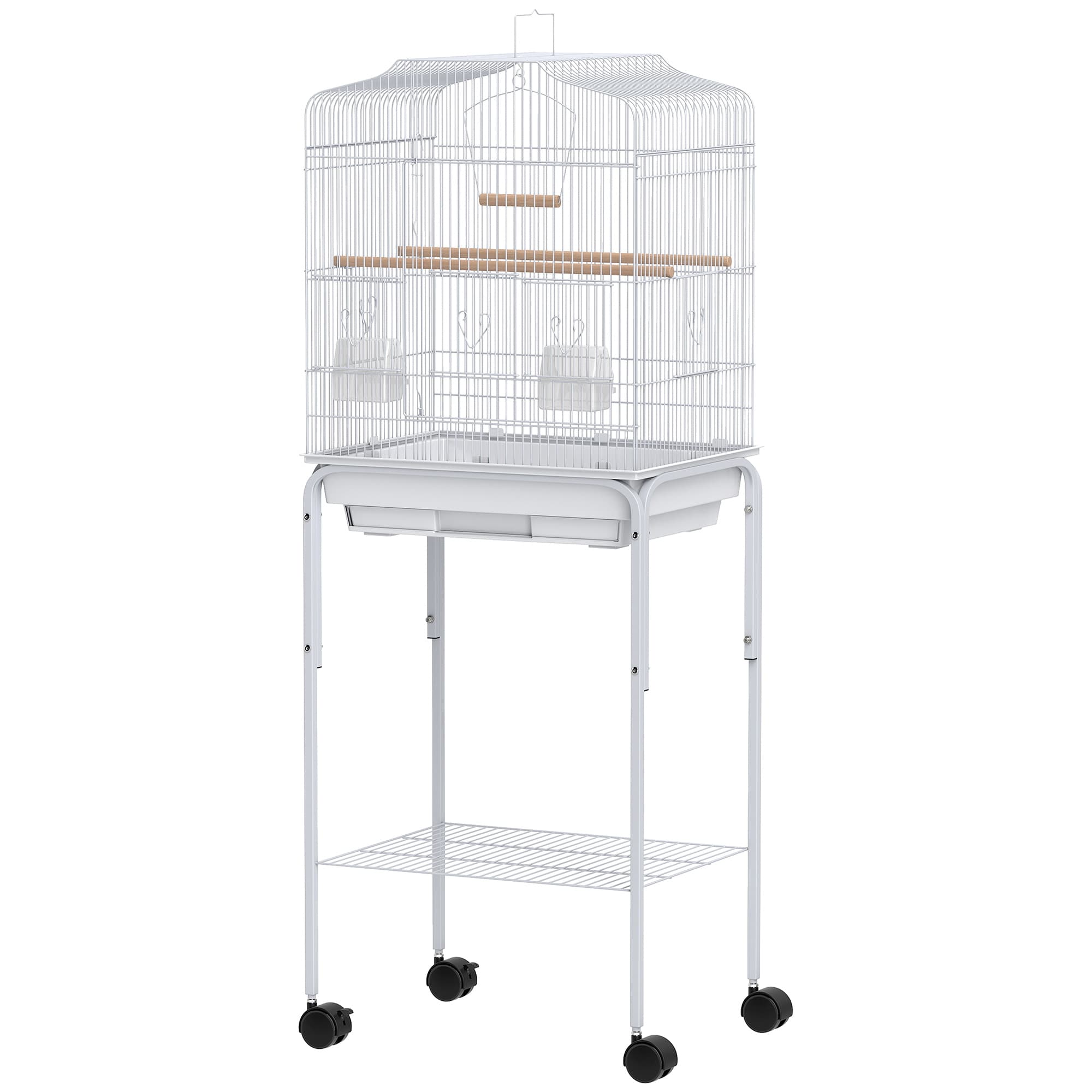 PawHut Cage pour oiseaux avec roulettes étagère portes 2 mangeoires 2 perchoirs balançoire bac amovible 46,5x36x124 cm Blanc