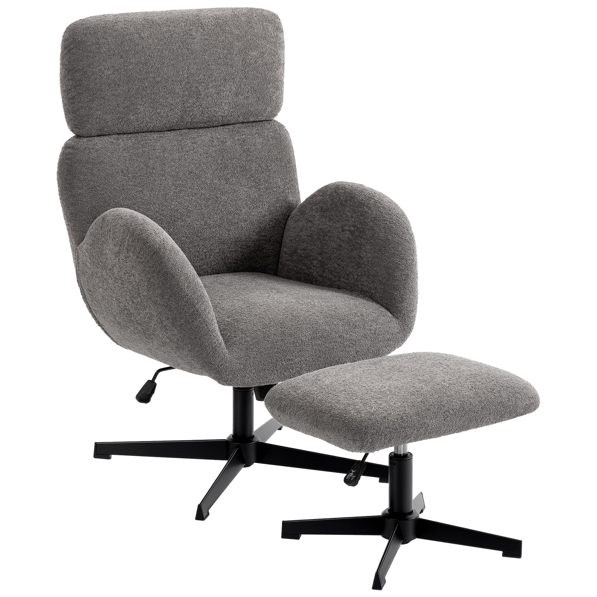HOMCOM Fauteuil pivotant avec repose-pieds, fauteuil d'appoint réglable en hauteur avec appuie-tête ajustable, fonction basculante, Gris