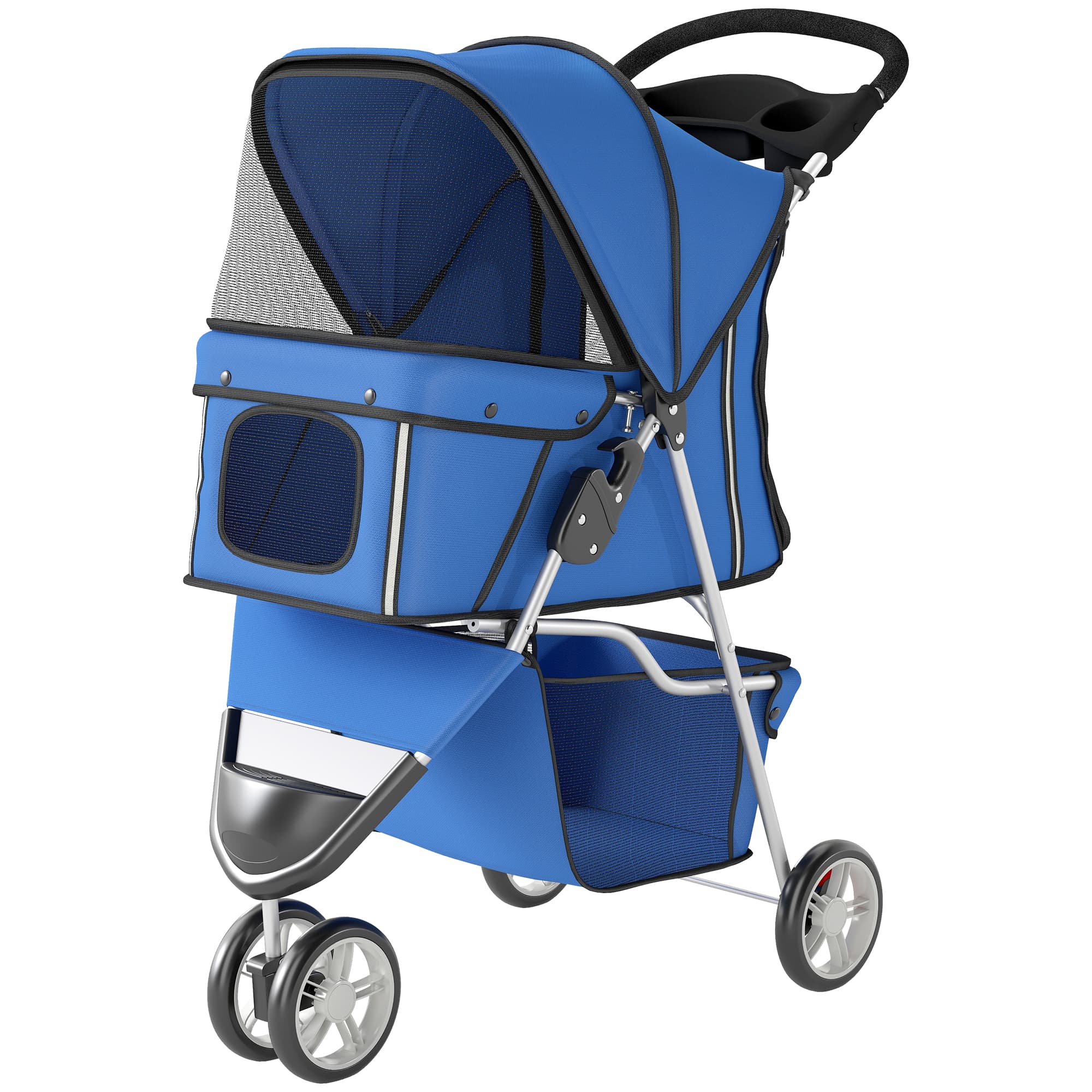 PawHut Poussette pour petits chiens avec panier de rangement Fenêtres en maille et ceinture de sécurité 77x44x102 cm Bleu