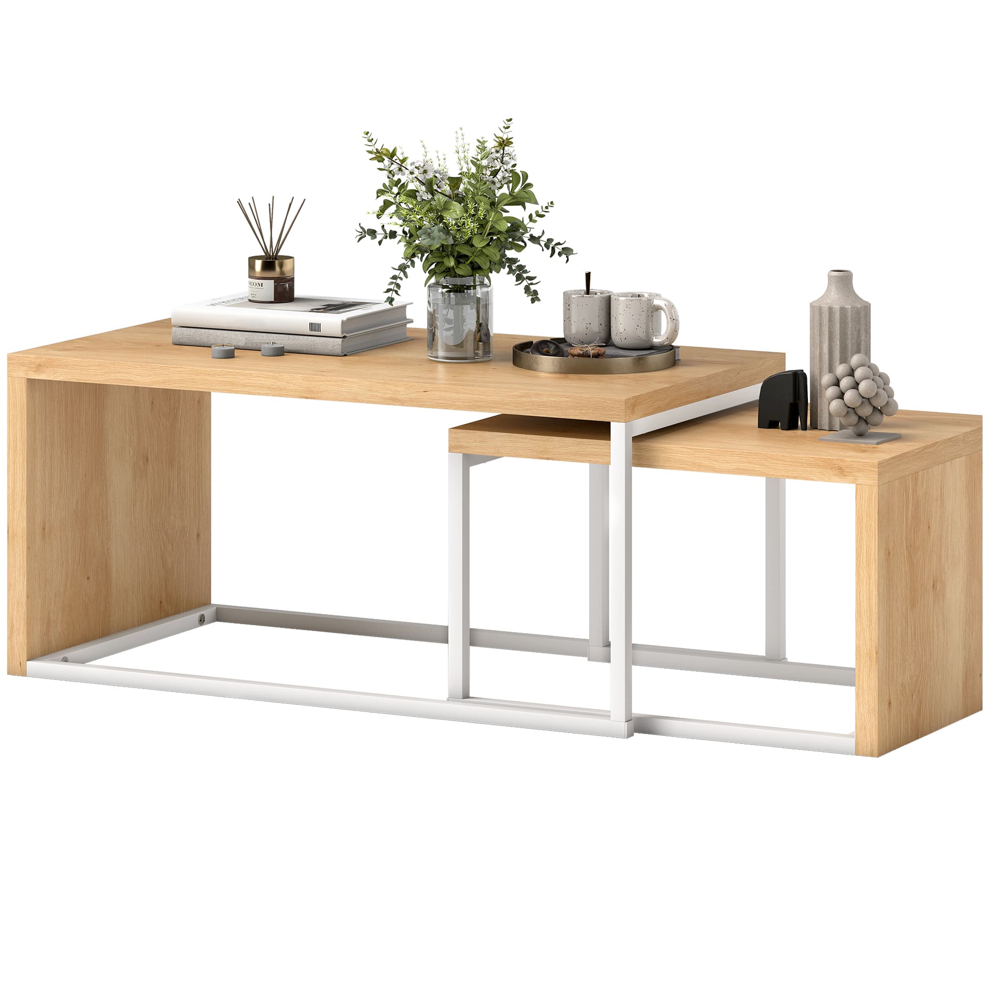 HOMCOM Jeu de 2 tables basses Table gigogne moderne Cadre en métal pour salon 90x48x42 cm et 59x42x36 cm Naturel et Blanc