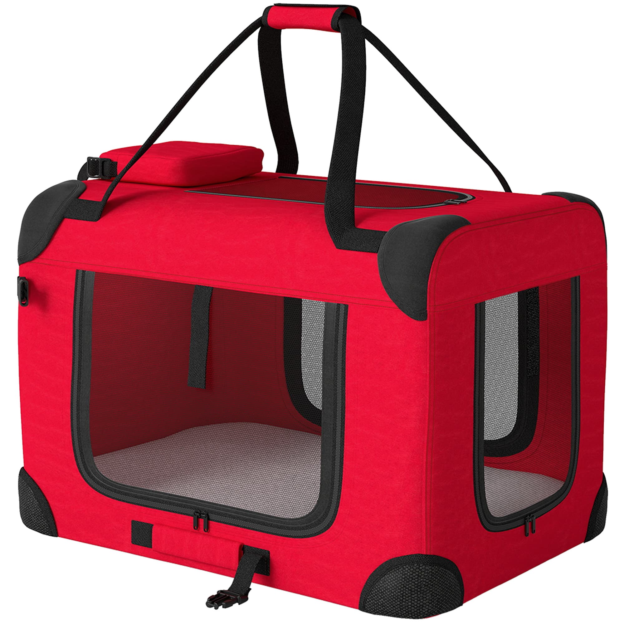 PawHut Transporteur pour Chiens Pliable 60x41,5x41 cm avec Fenêtres en Maille Coussin Doux et 2 Poignées pour Chiens Miniatures et Chats Rouge