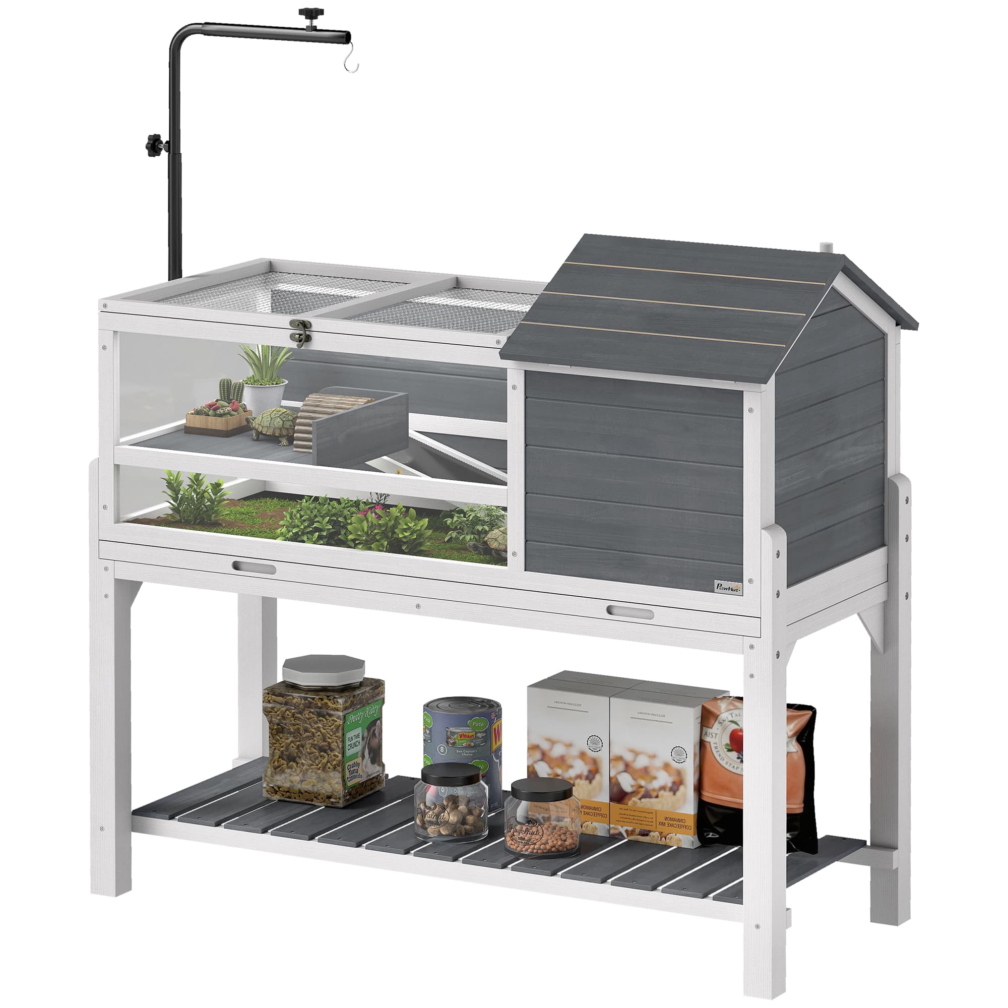 PawHut Maison pour tortue avec support de lampe, étagère, enclos pour divers petits animaux, bois, Gris