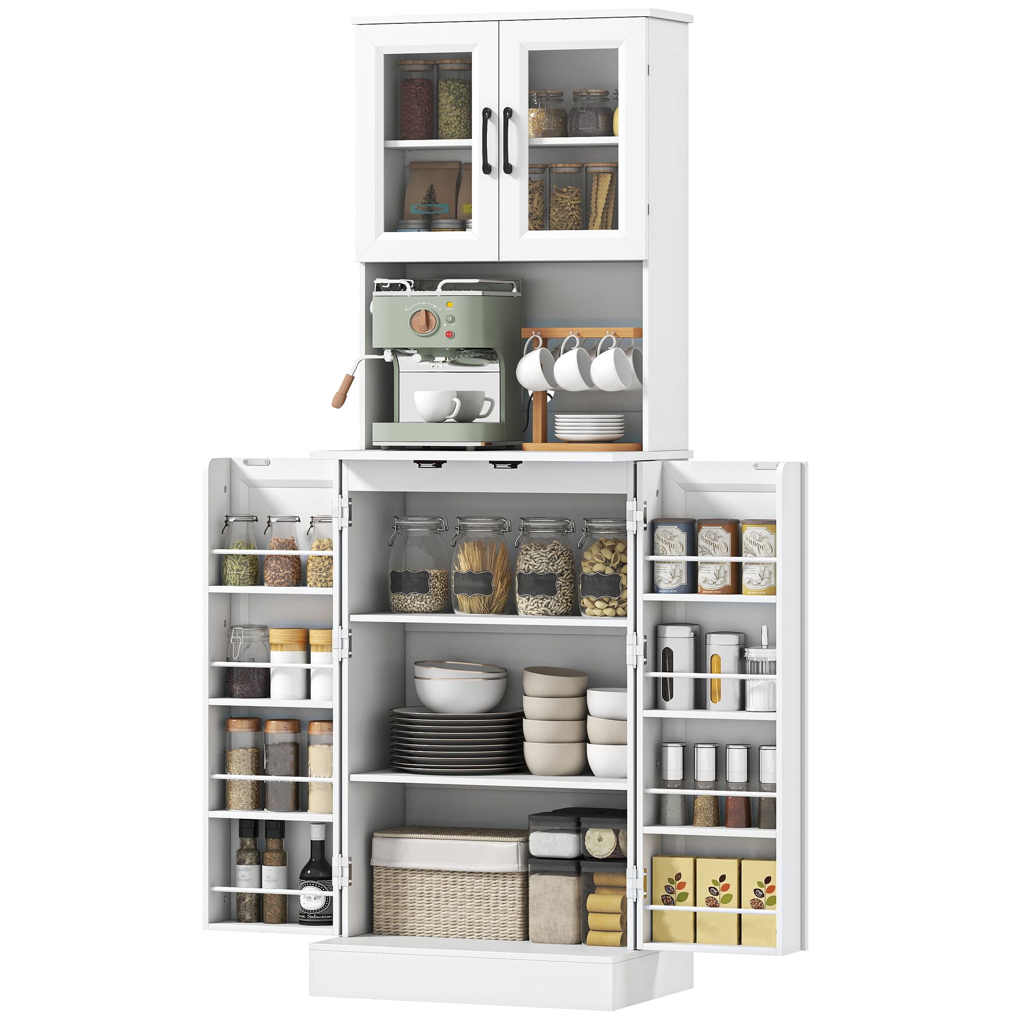 HOMCOM Armoire de cuisine, étagère réglable, plan de travail, portes en acrylique, passe-câble, pour salon, cuisine, salle à manger, MDF, Blanc