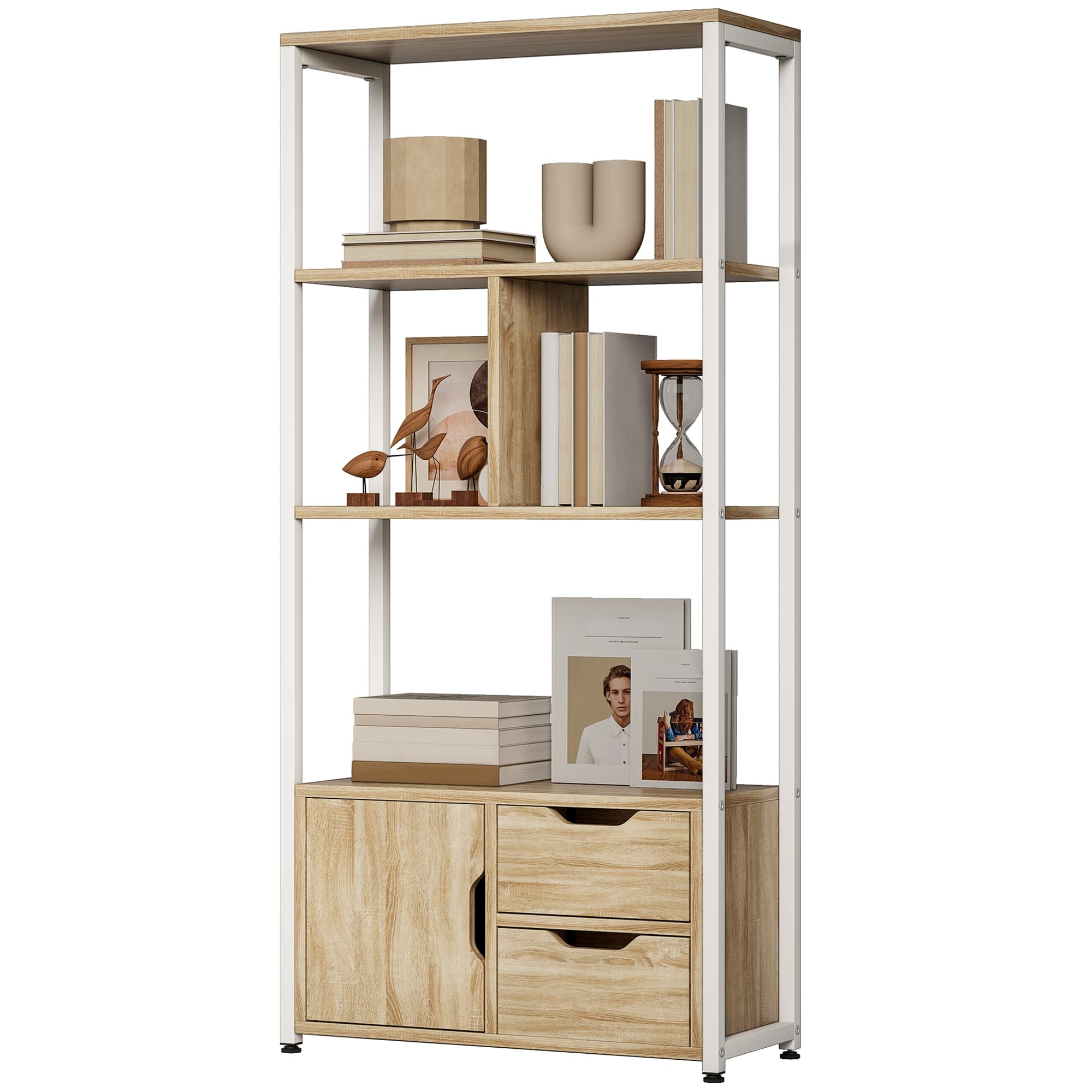 HOMCOM Bibliothèque Étagère à livres avec étagères, tiroirs et porte 58x24x122 cm Style industriel Blanc et bois naturel