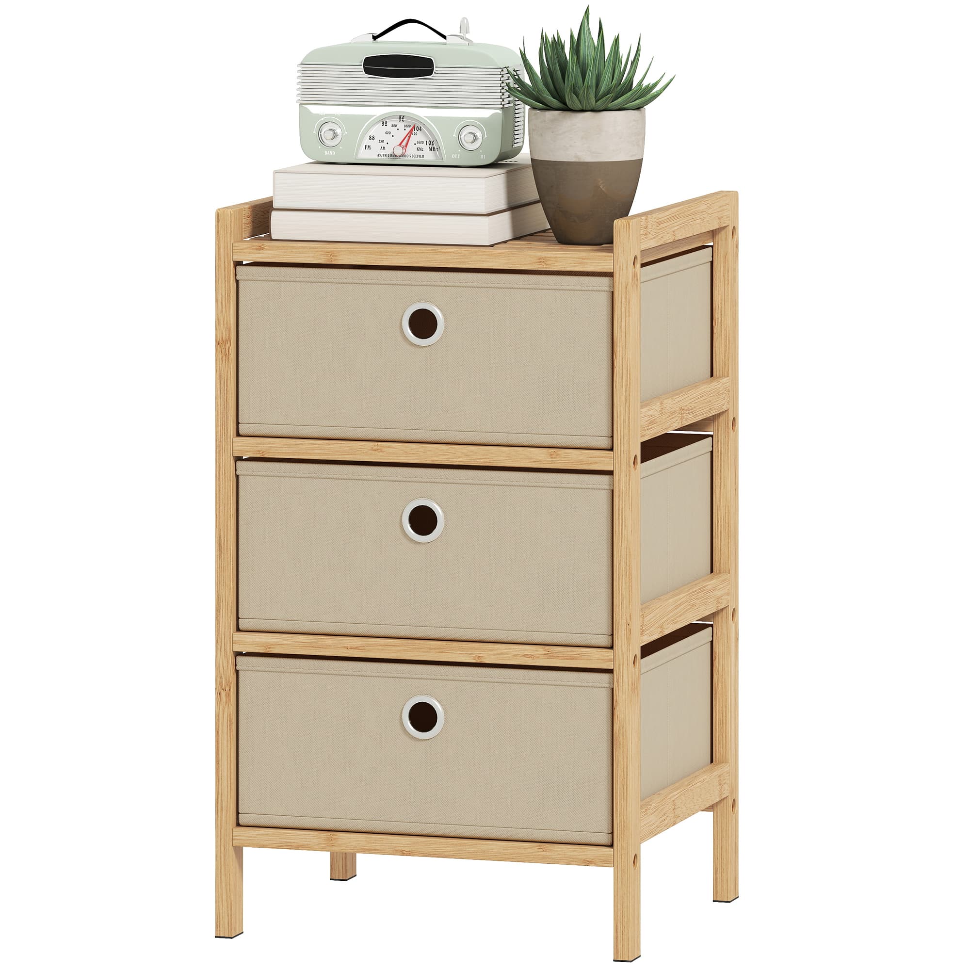 HOMCOM Commode avec 3 tiroirs en tissu Structure en bambou Commode pour petits espaces Crème et naturel