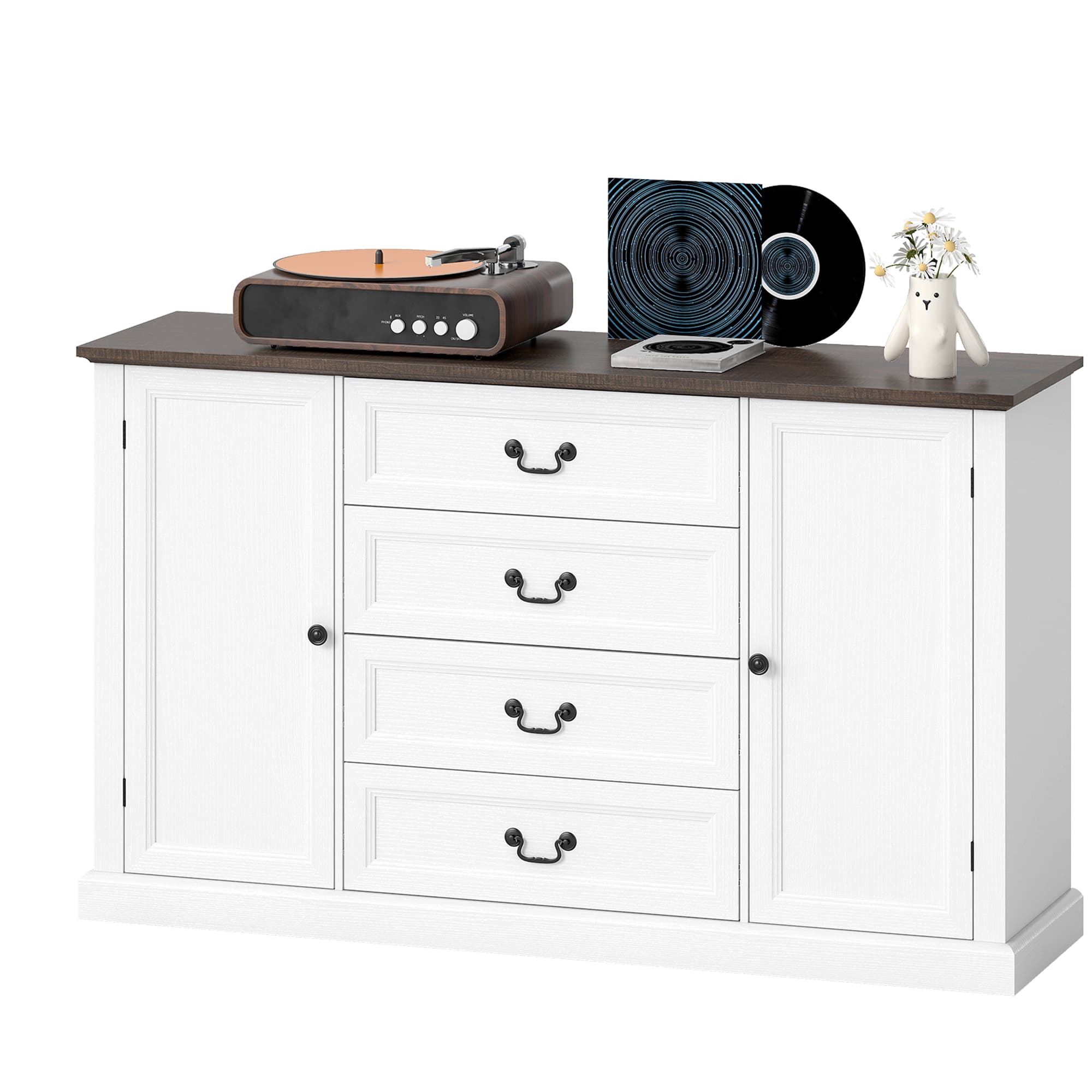 HOMCOM Buffet de Cuisine Style Vintage avec 4 Tiroirs et 2 Placards avec Étagères Réglables, 147x40x87, Bois Blanc
