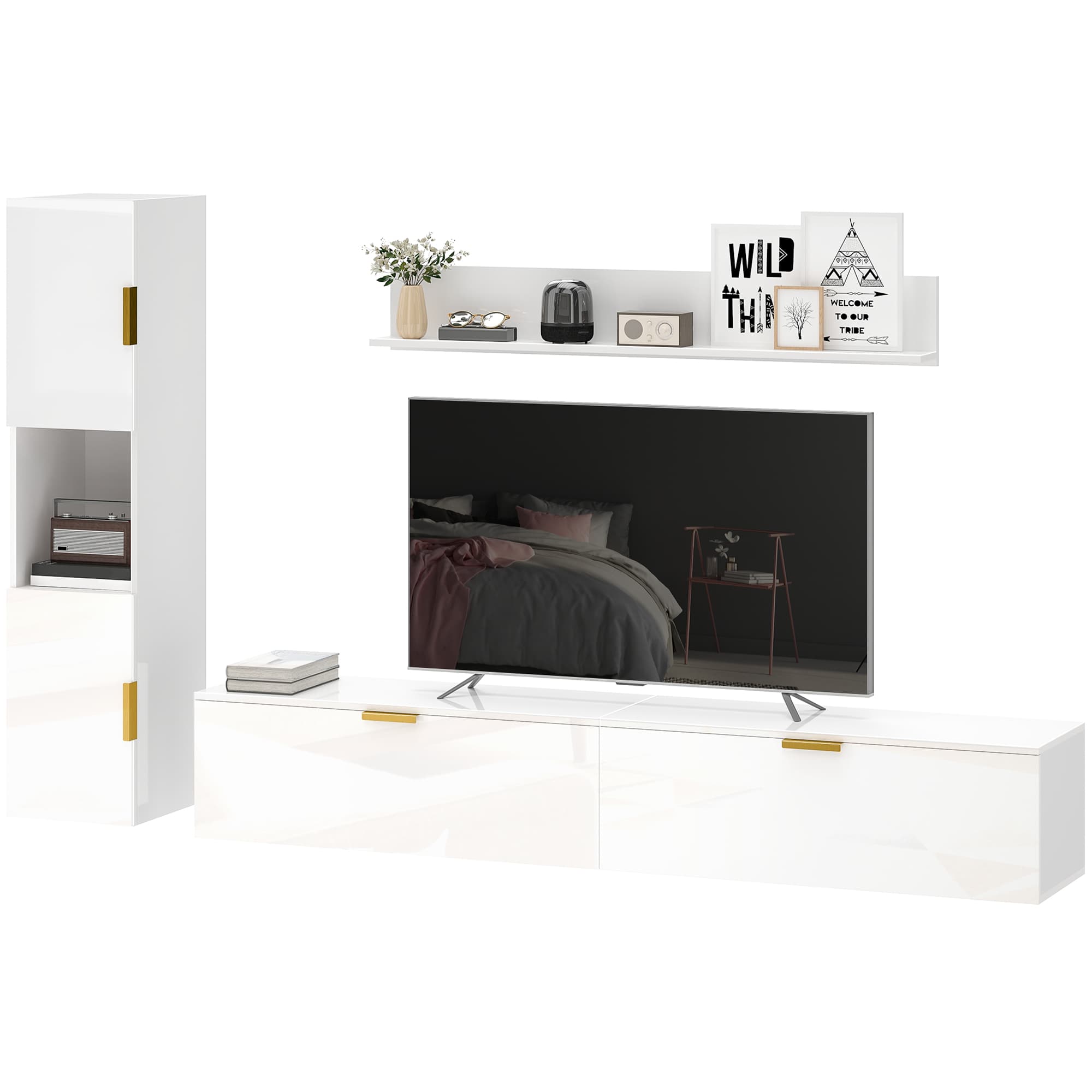 HOMCOM Meuble TV suspendu avec portes abattantes Centre multimédia Étagère murale Armoire 180 cm Blanc laqué