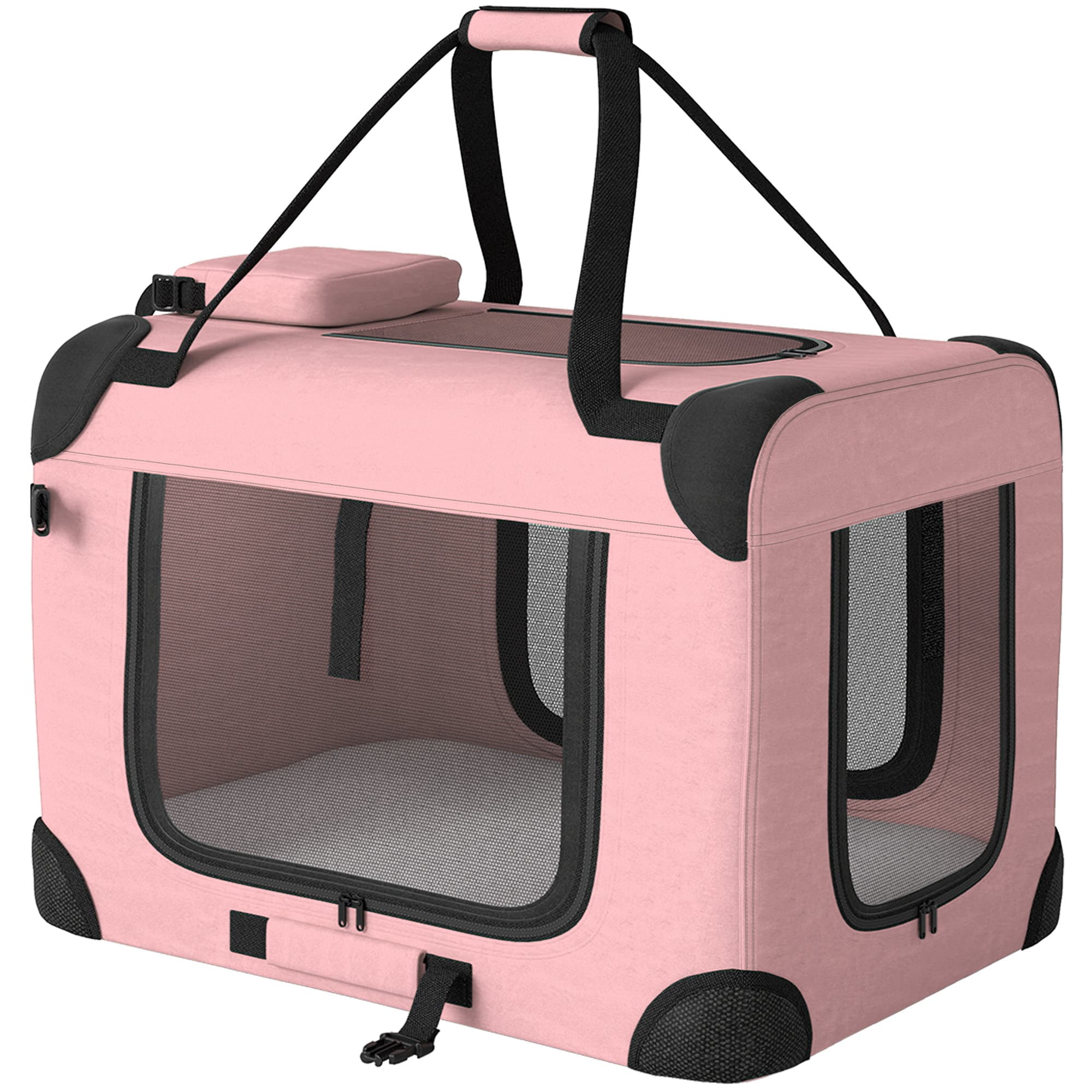 PawHut Transporteur pliable pour chiens 60x41,5x41 cm avec fenêtres en maille, coussin doux et 2 poignées pour mini chiens et chats rose