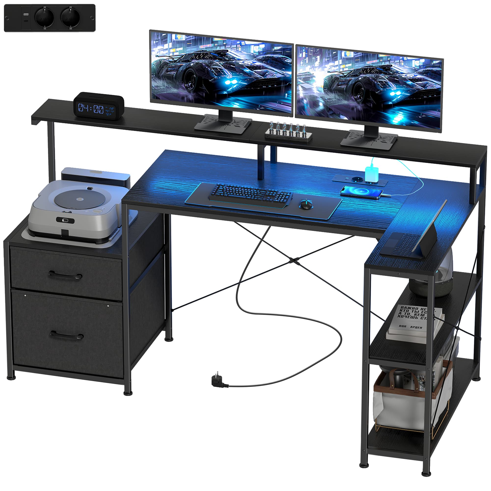 HOMCOM Bureau gaming en L avec LED et prises, avec support double écran, 165x80x91,5 cm, aspect bois noir