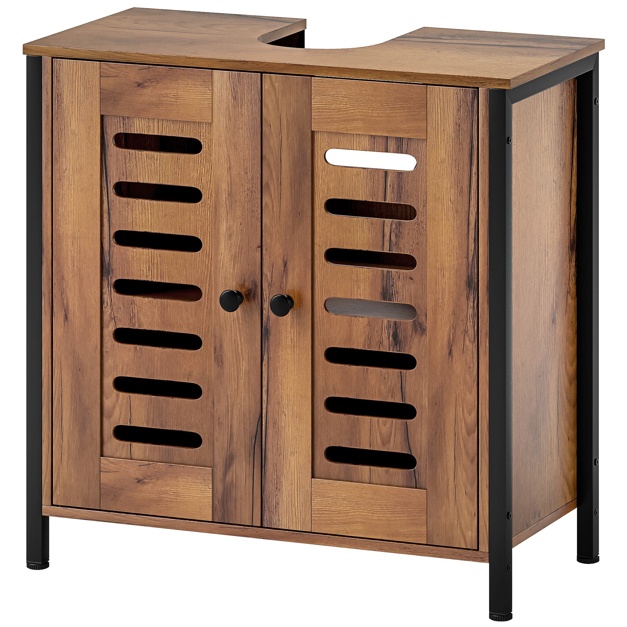 HOMCOM Meuble Sous Lavabo Industriel 2 Portes à Lames avec Fermeture Magnétique Étagère Réglable 60x30x60 cm Marron Rustique