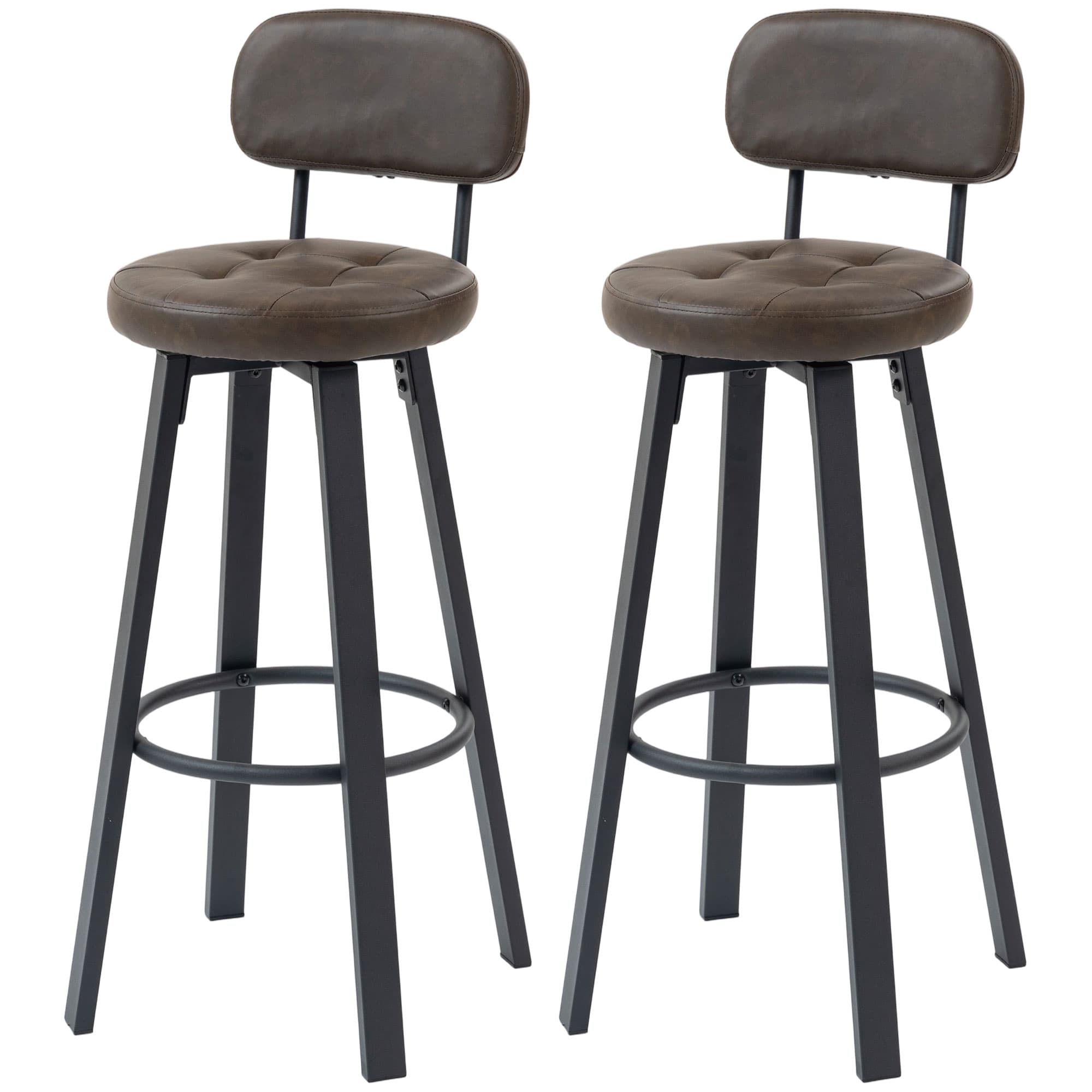 HOMCOM Lot de 2 Tabourets Hauts de Cuisine Pivotants Revêtus en PU avec Dossier Structure Métallique Repose-pieds Marron foncé