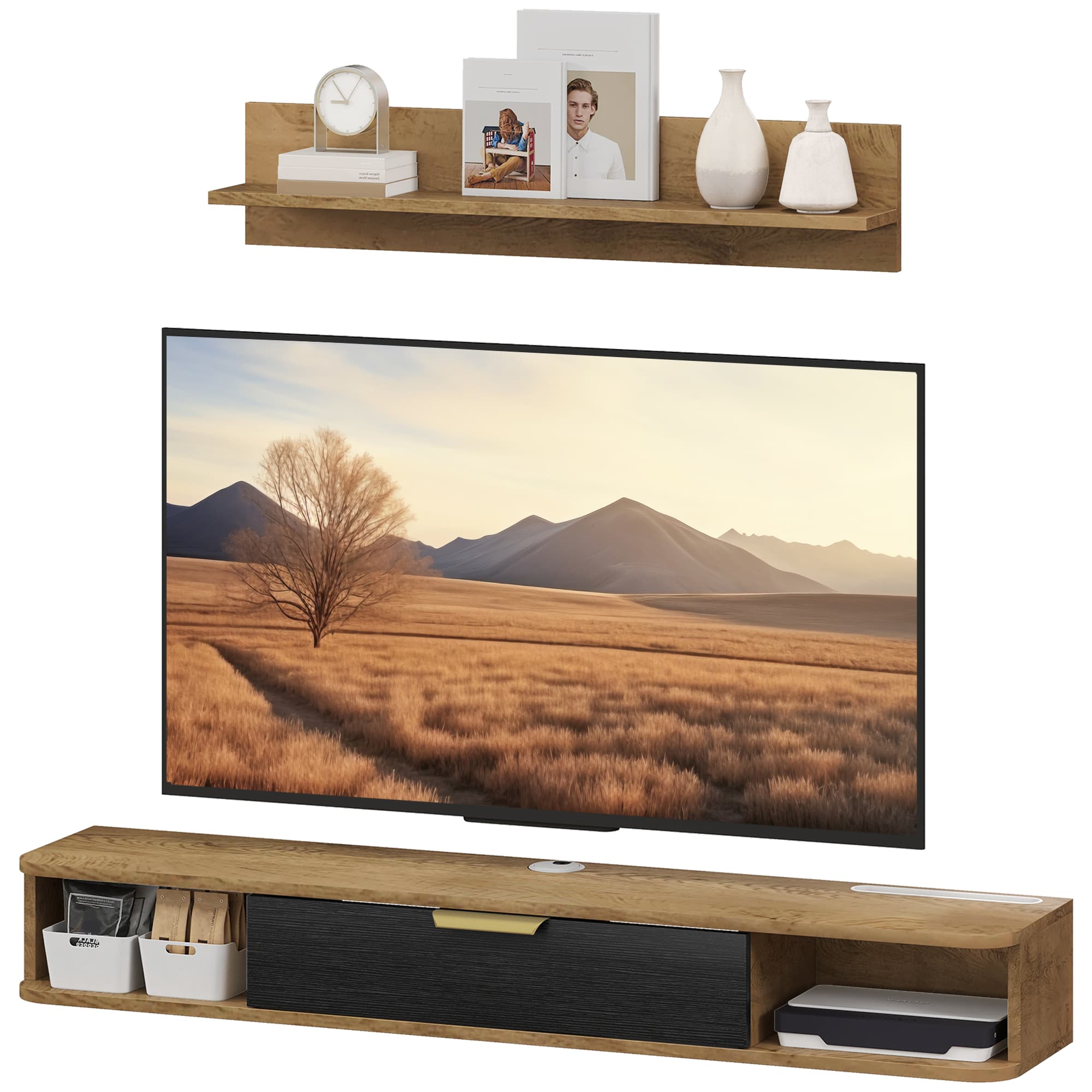 HOMCOM Ensemble de Meubles de Salon Meuble TV avec Étagère Murale Compartiments Passe-Câbles 120x24x16 cm Chêne