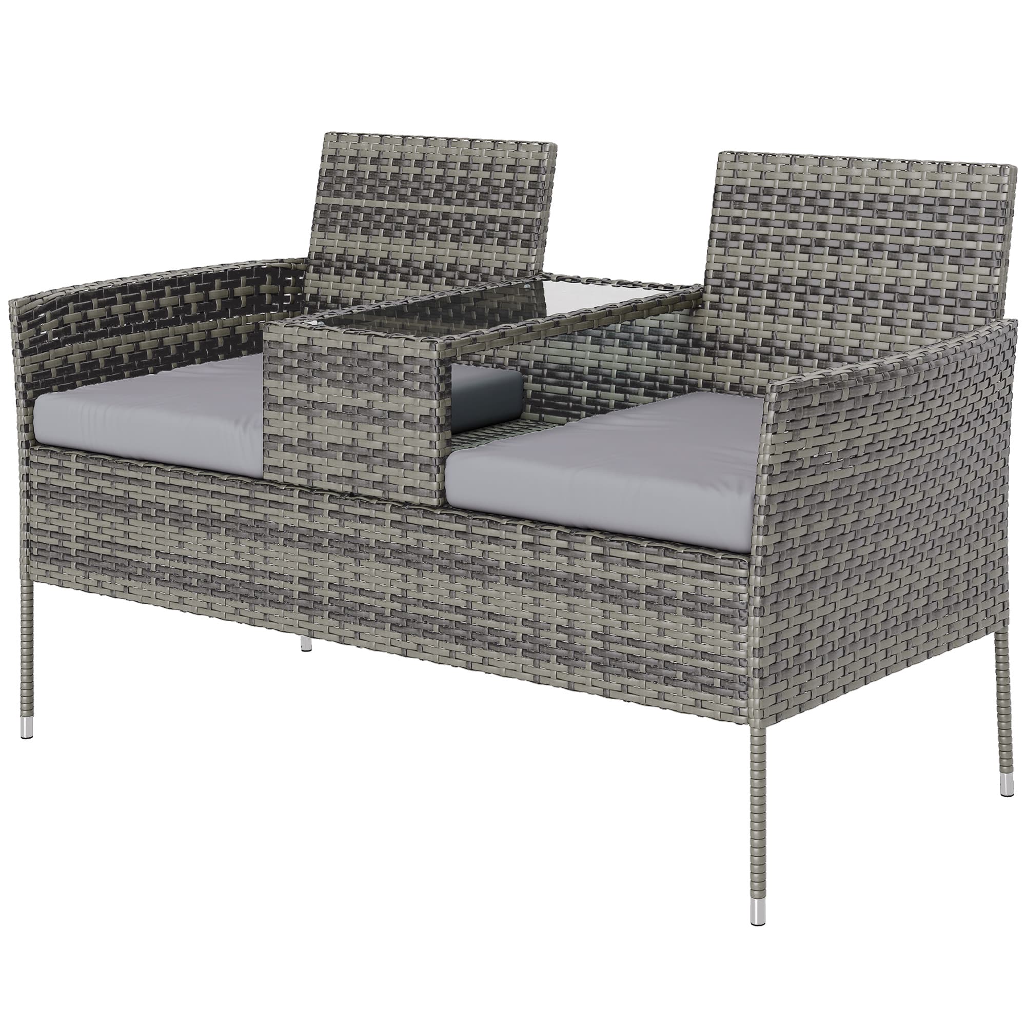 Outsunny Banc d'Extérieur 2 Places avec Table Basse, en Acier et Rotin PE, 137x59x82 cm, Gris