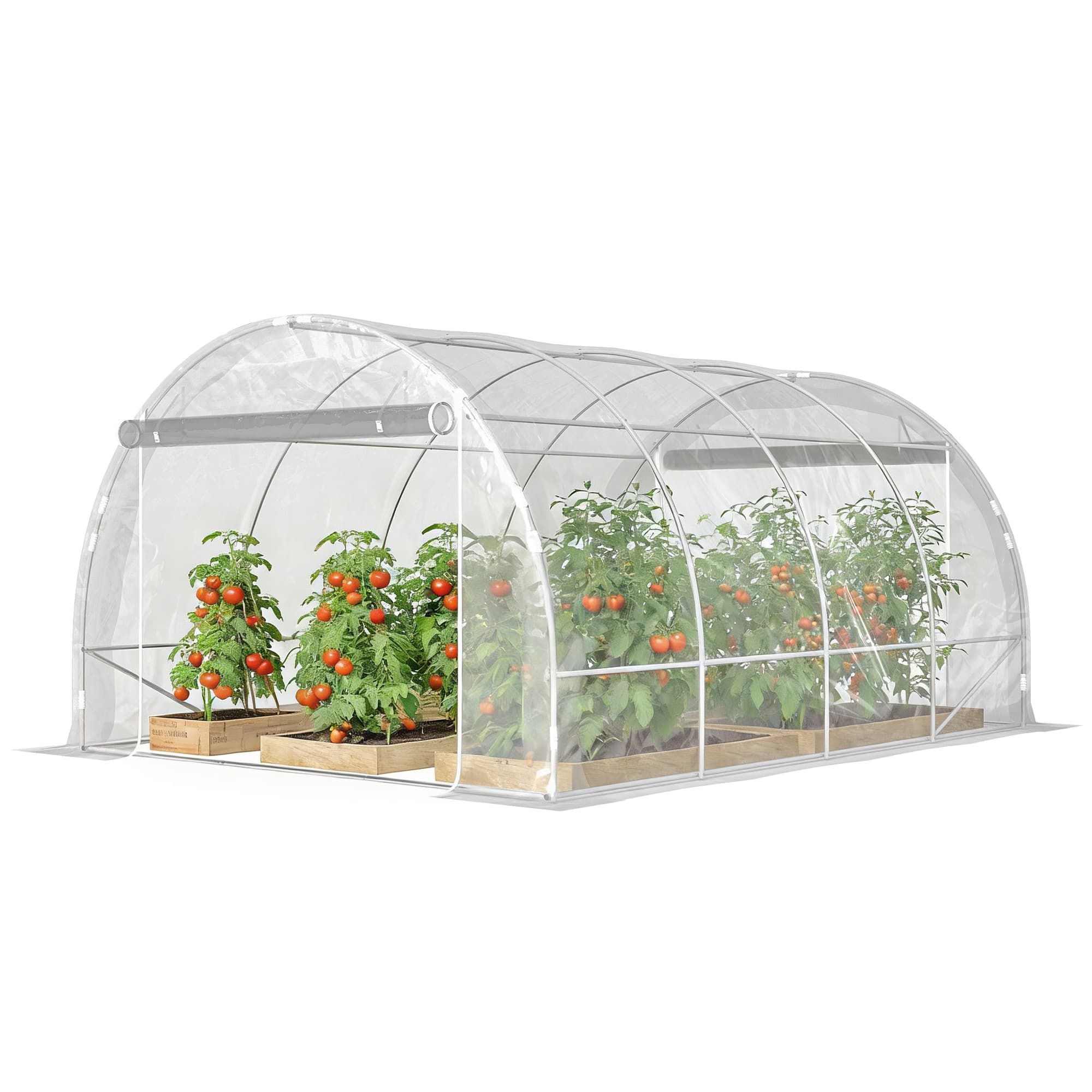 Outsunny Serre tunnel 3x4x2 m avec portes enroulables, châssis en acier et couverture en PE anti-UV, transparent