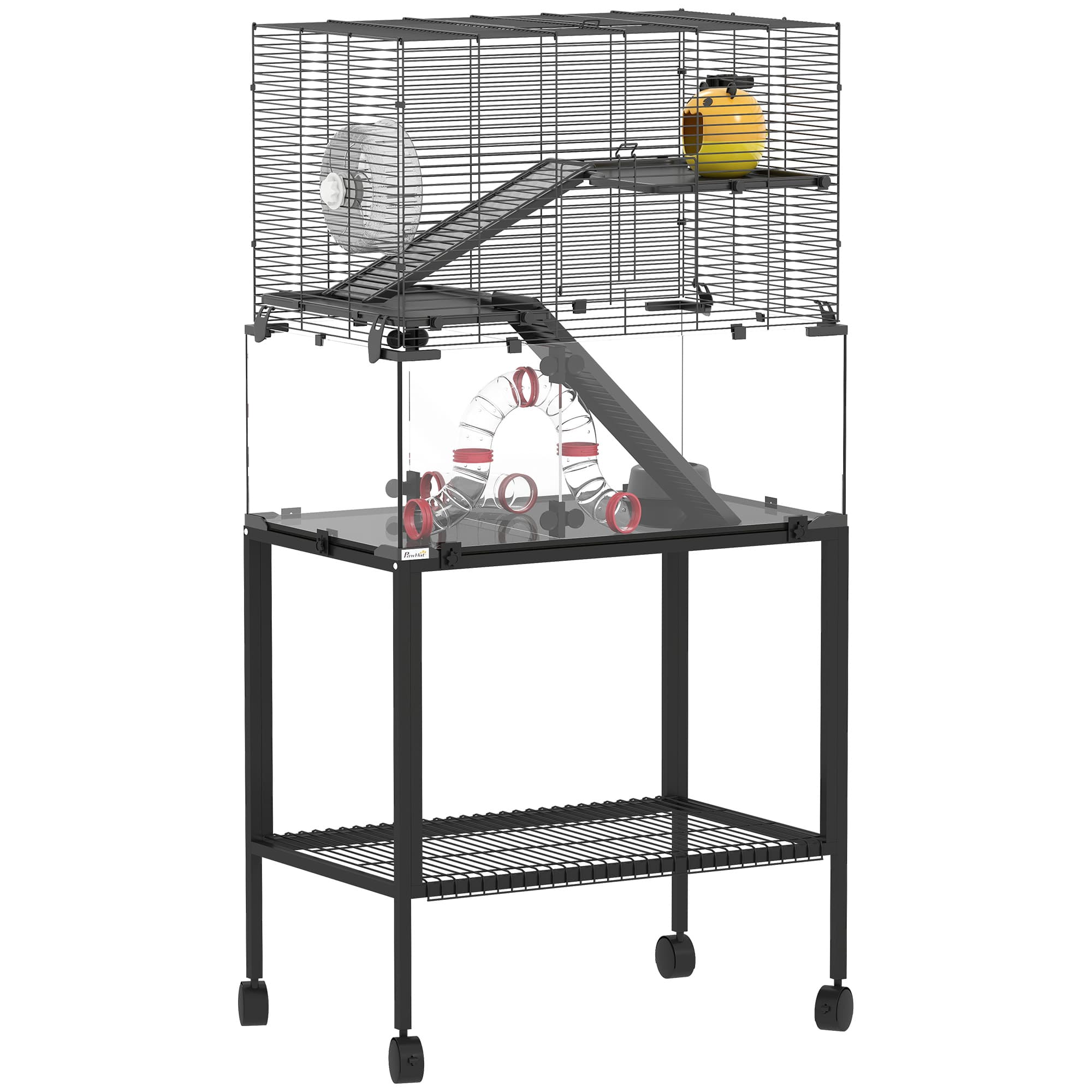 PawHut Cage pour hamster, enclos pour petits animaux à 3 niveaux, roue, hutte, plateformes, rampes, gamelle, bouteille d'eau, accessoires, acier, plastique, Noir