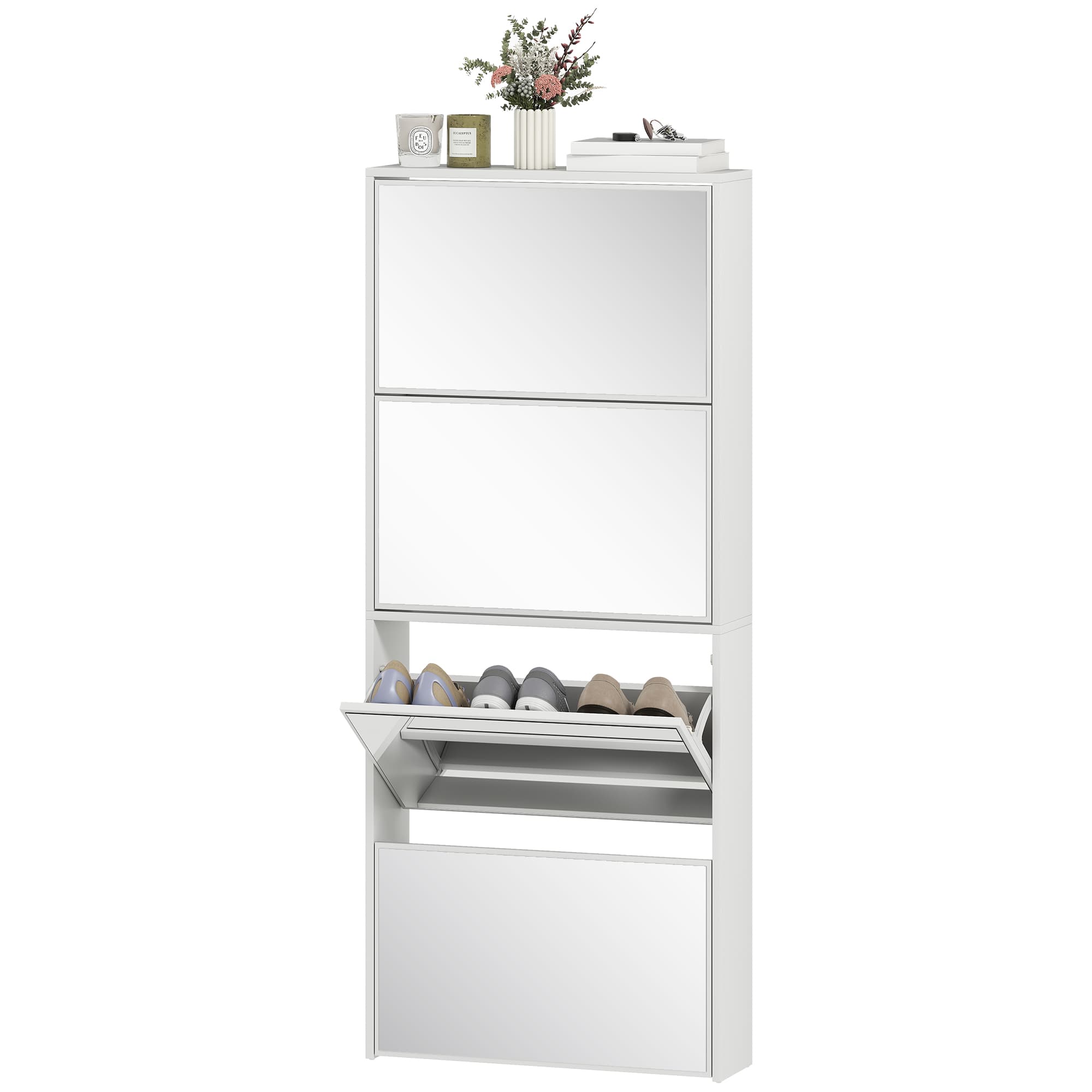 HOMCOM Meuble à chaussures étroit avec miroir et 4 portes basculantes pour 12 paires de chaussures 63x17x146 cm Blanc