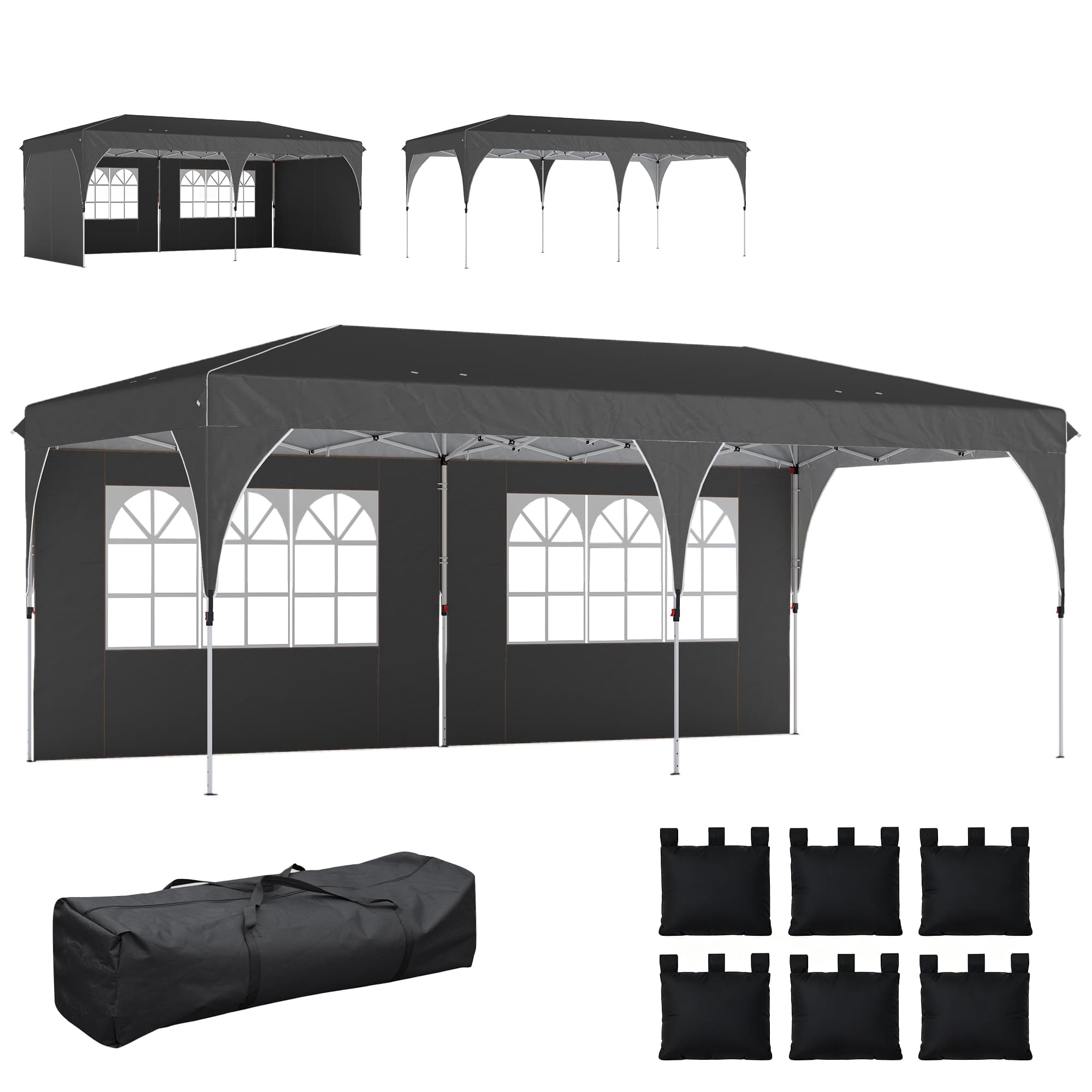 Outsunny Tonnelle pliante 6x3 m avec bandes réfléchissantes UPF 50+ Montage facile Système de verrouillage central Imperméable Gris foncé
