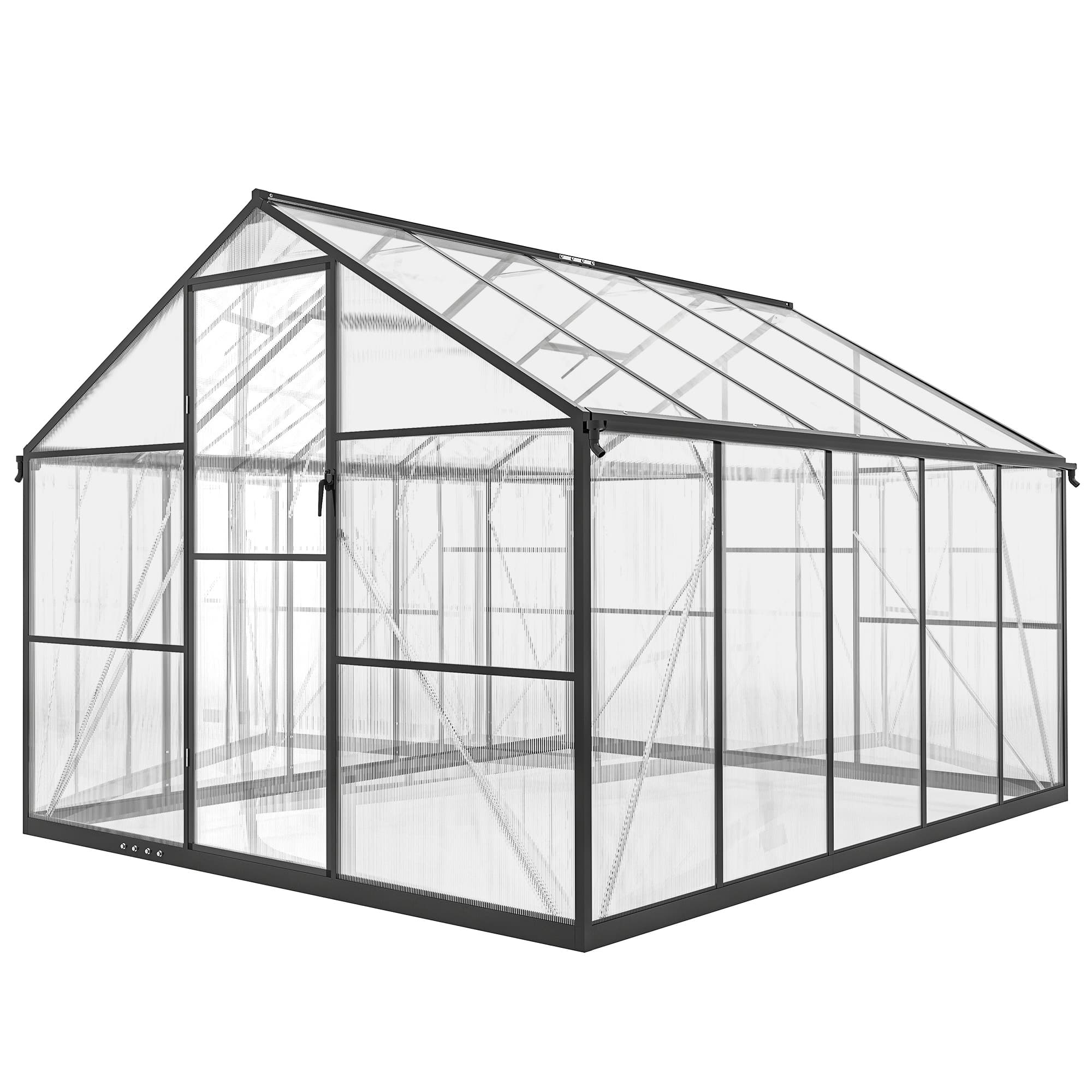 Outsunny Serre Potagère en PC et Aluminium avec Porte Battante et 2 Fenêtres Réglables, 304x247x205 cm, Noir