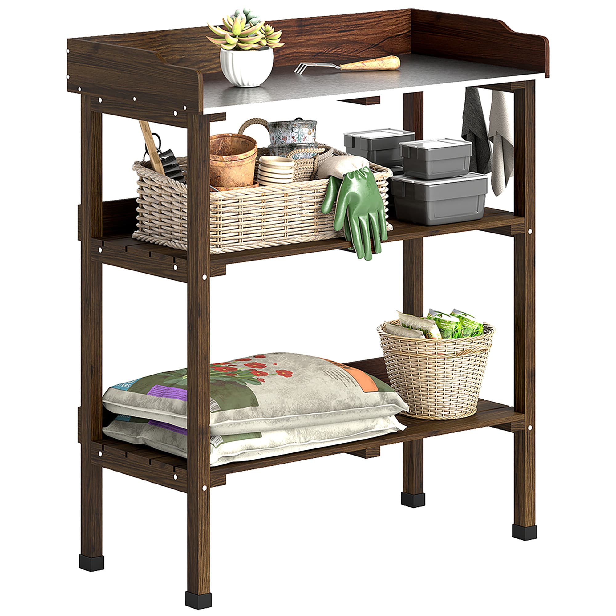 Outsunny Table de jardinage en bois avec plateau métallique, étagères et crochets pour jardin terrasse 76x37x89 cm carbonisé