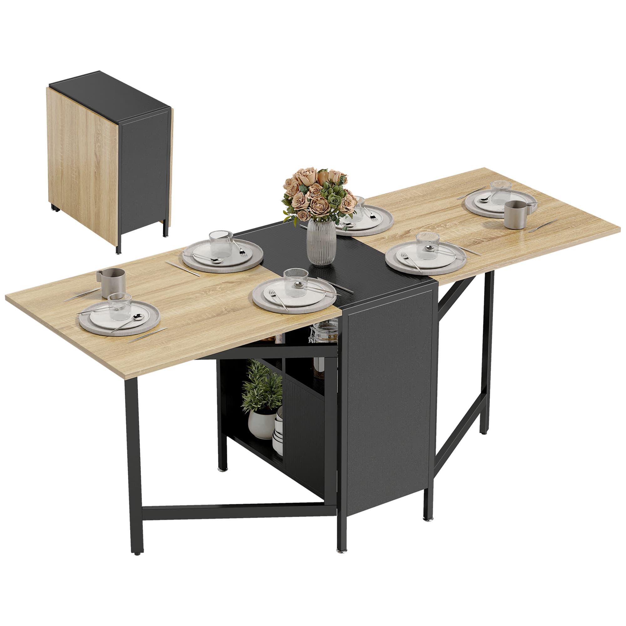 HOMCOM Table pliante à manger avec ailes rabattables 4 compartiments 3 configurations pour cuisine salon 169x60x75 cm naturel foncé