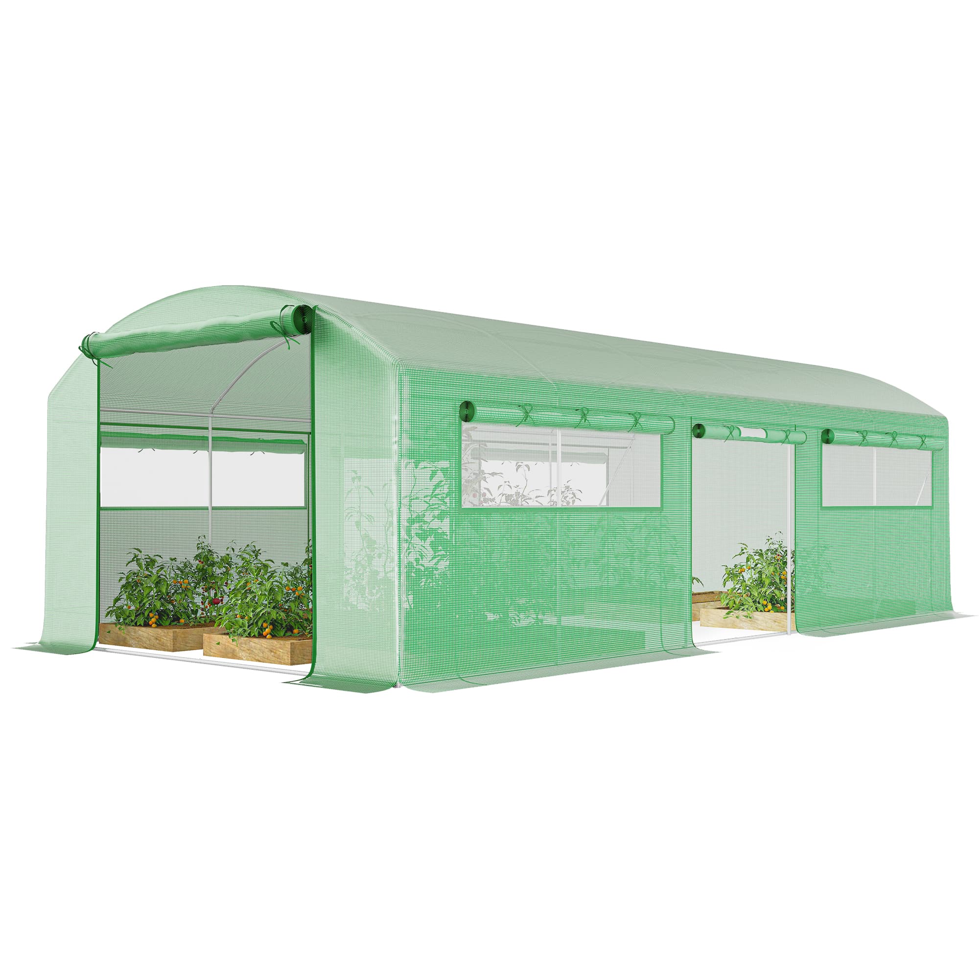 Outsunny Serre tunnel 6x3x2 m avec 3 portes enroulables, 6 fenêtres à moustiquaire et structure en acier galvanisé, vert